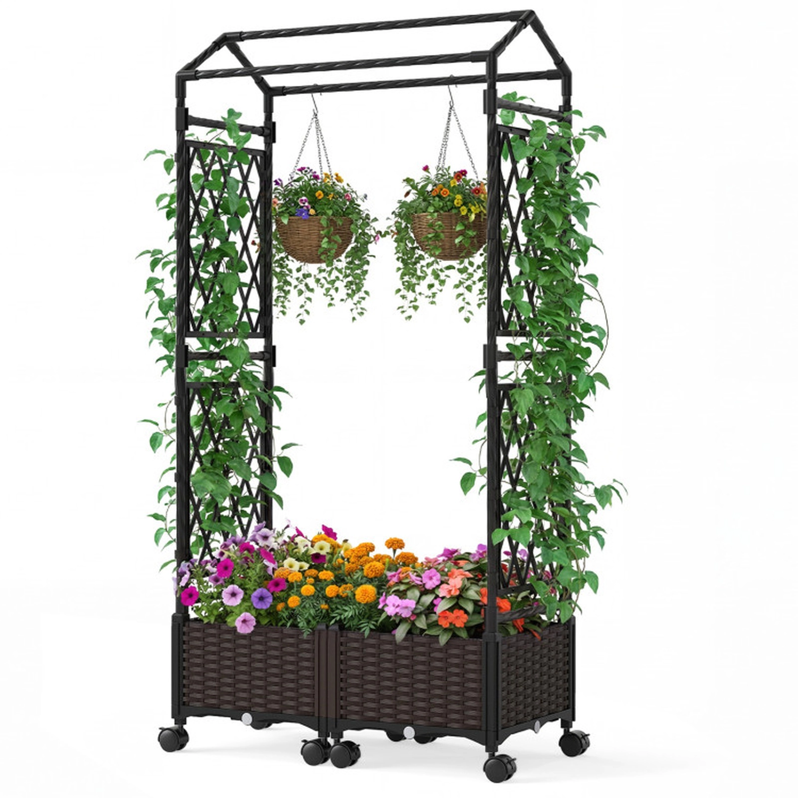 SUGIFT 5.5-ft Brown Self-Watering Planter Boxes with Lattice Trellis Roof and Lockable Universal Wheels