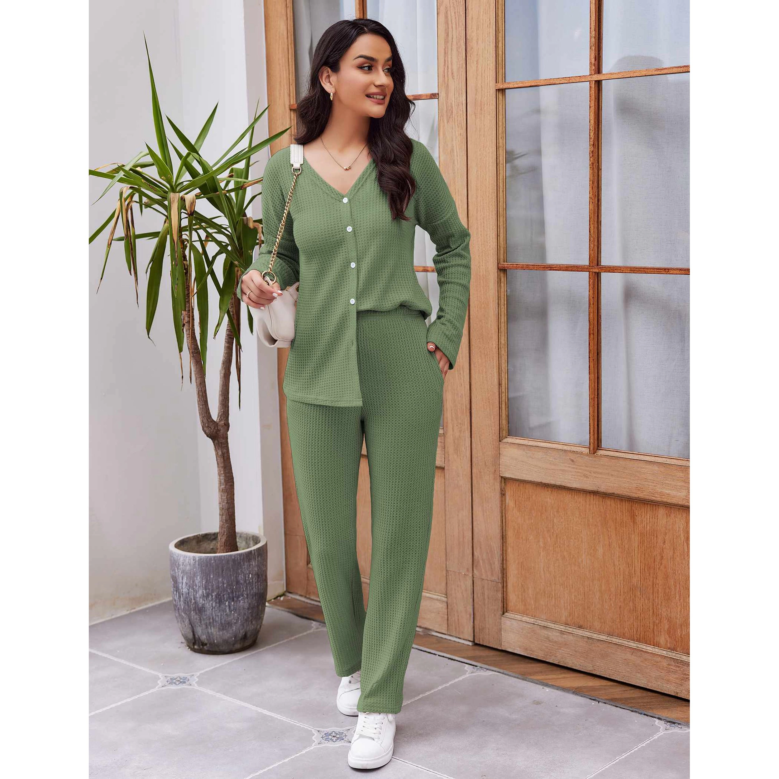 Ekouaer Womens Waffle Knit Pajamas Long Sleeve Lounge Set Button Up Loungewear with Pockets