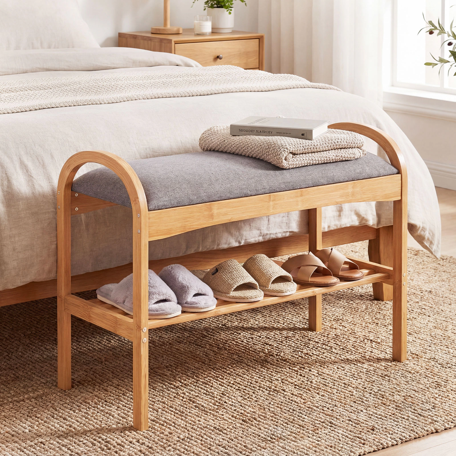 SUGIFT 2-Tier Natural 27.5-in Bamboo Shoe Bench with Padded Cushion for Entryway Hallway and Bedroom