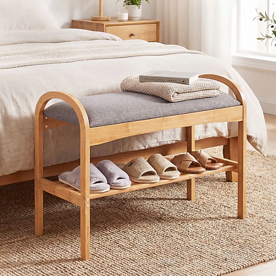 SUGIFT 2-Tier Natural 27.5-in Bamboo Shoe Bench with Padded Cushion for Entryway Hallway and Bedroom