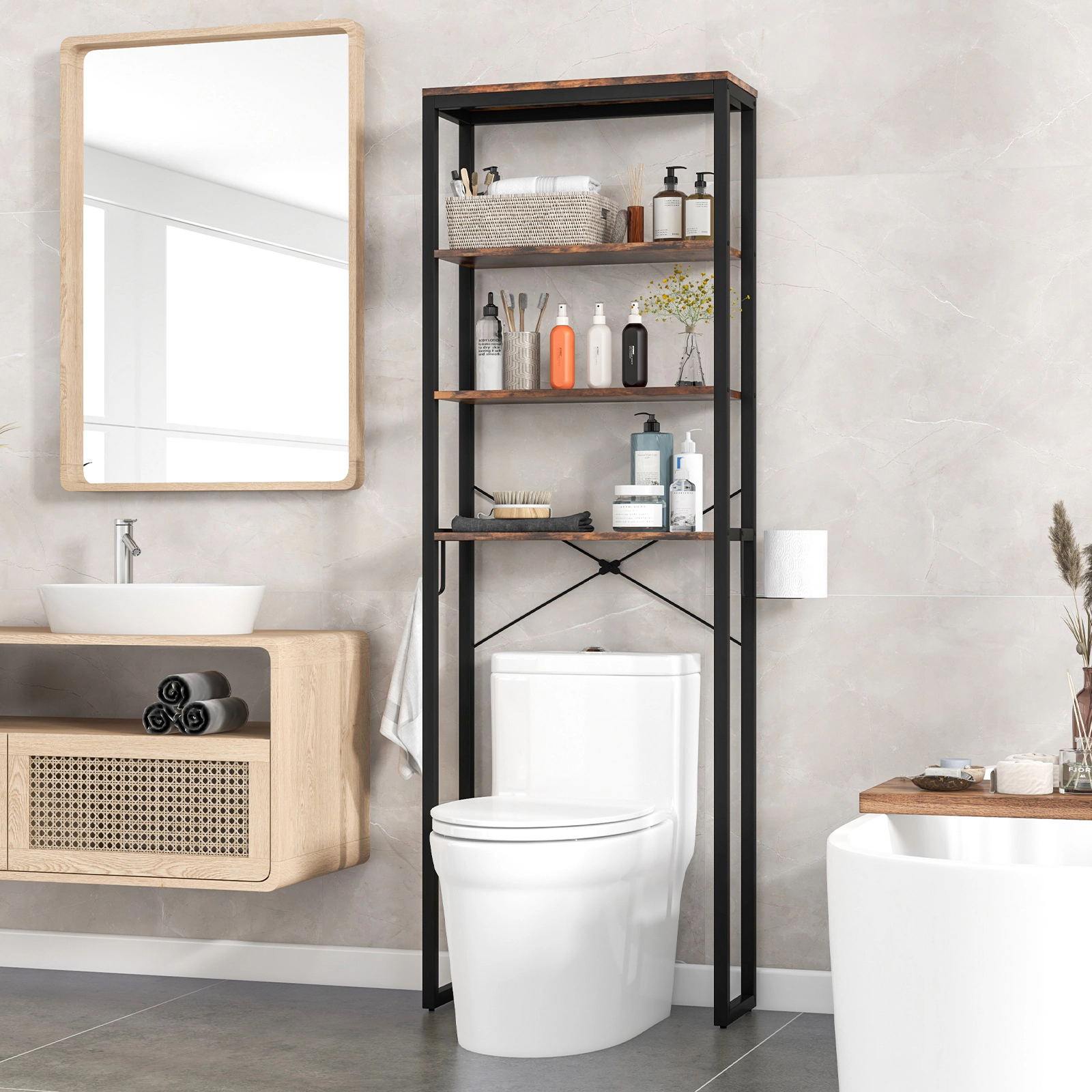 Slickblue Over The Toilet Storage Rack 4 Tier Bathroom Shelf Organizer Metal Wood Unit