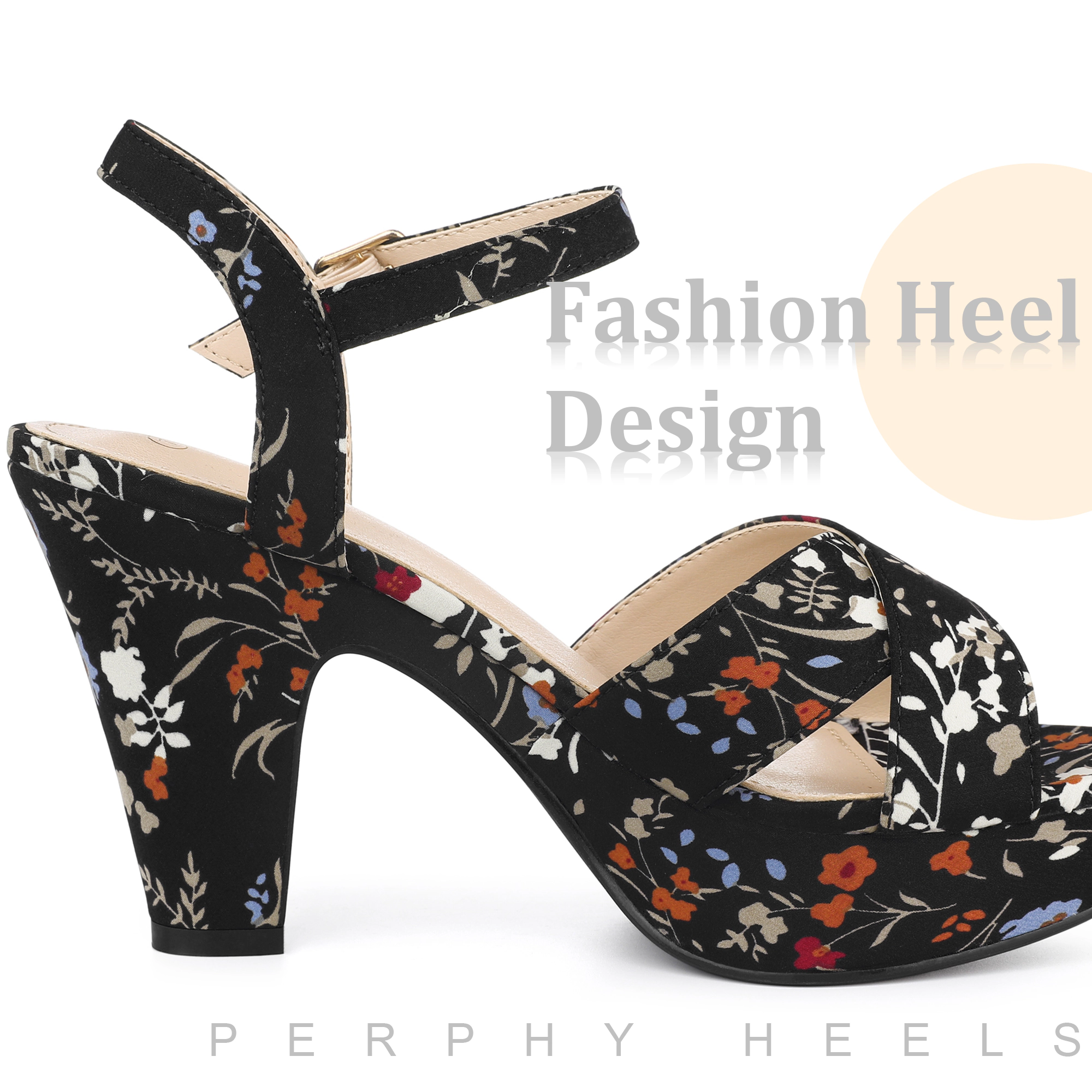 BLISSFUL STEP Women's Platform Heel Slingback Floral Heels Sandals