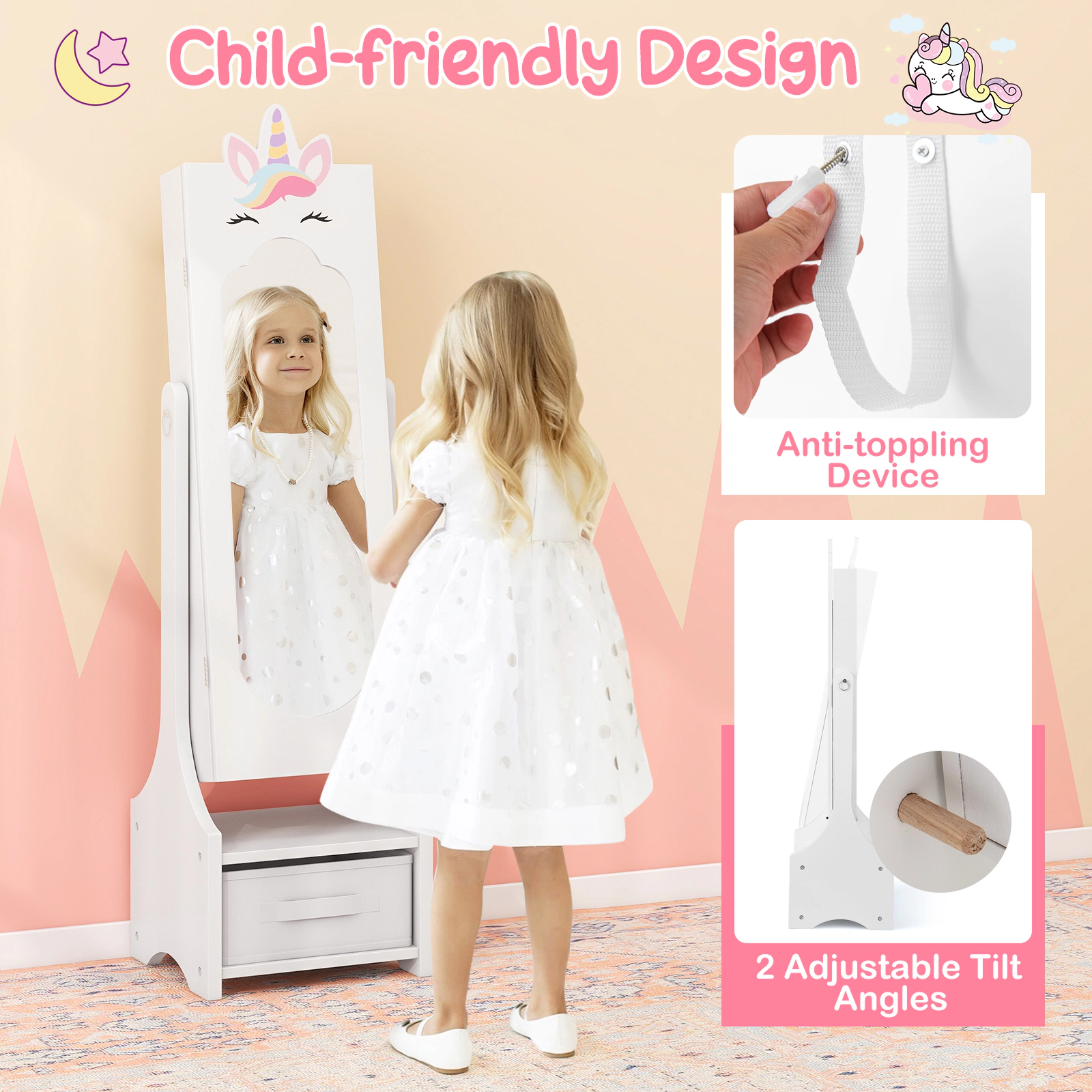 SUGIFT 45.5-in Kids Standing Full-Length Dressing Mirror with 2 Tilt Angles and Hidden Jewelry Cabinet