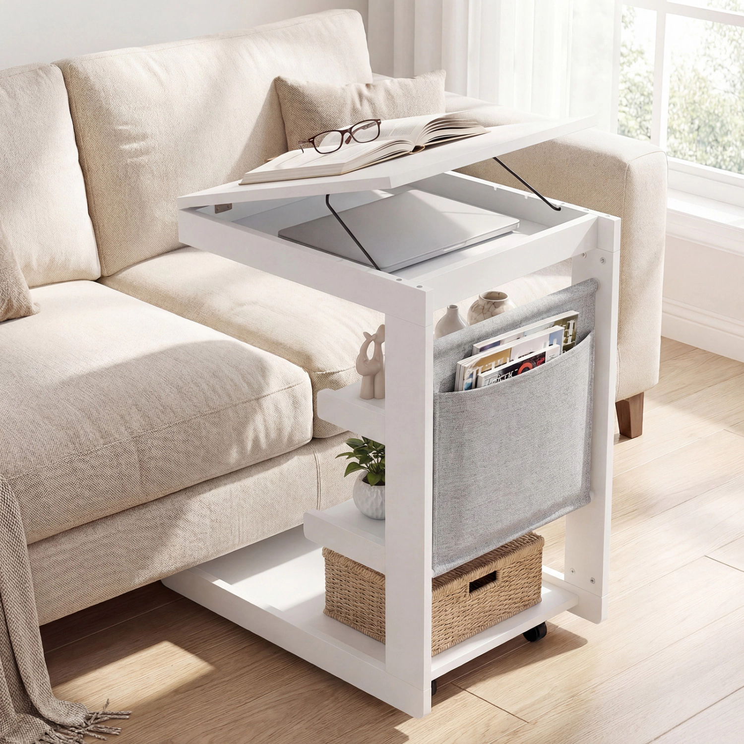 LJG C-shaped End Table with Wheels and Adjustable Desktop for Sofa Couch Bedside
