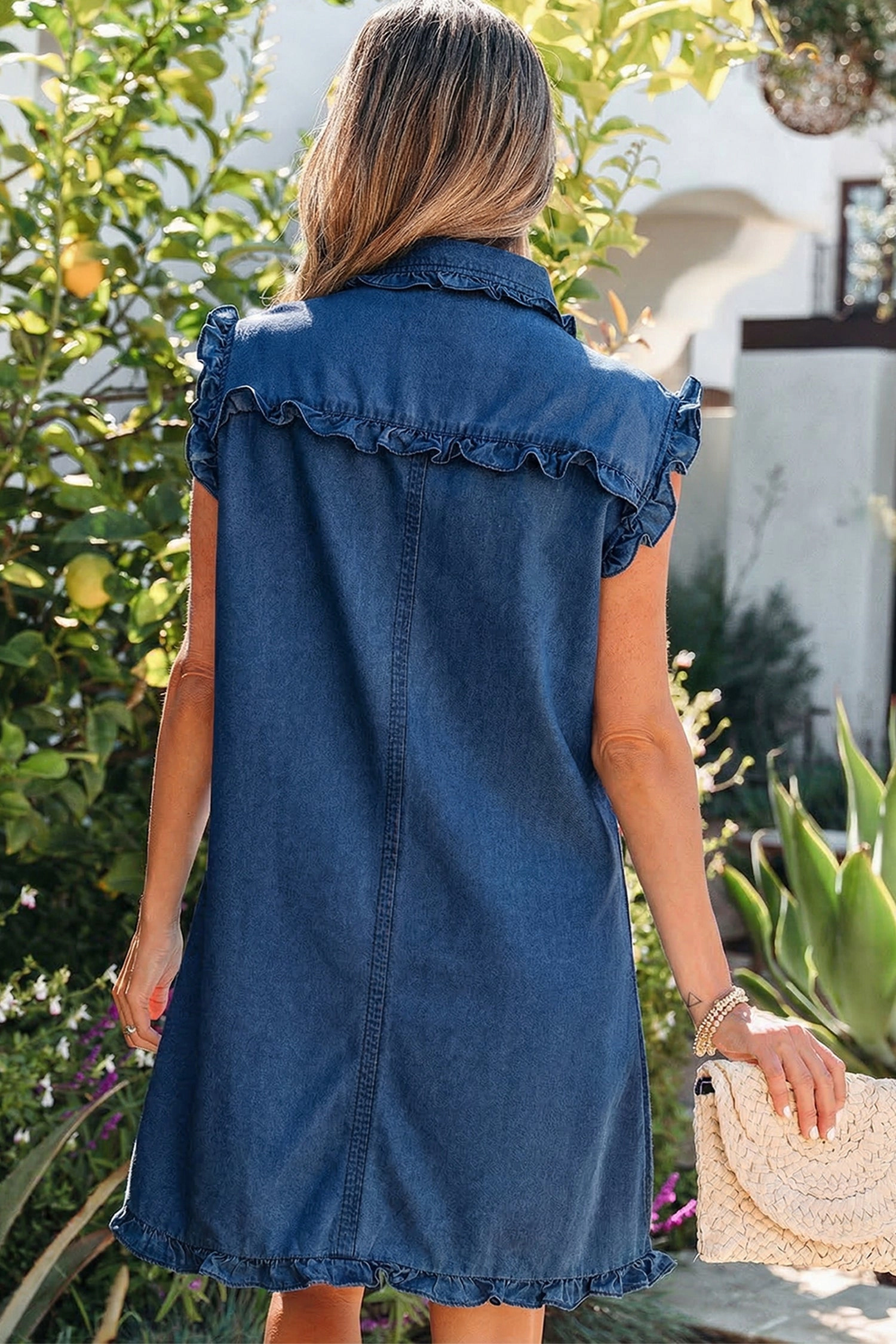 Threaded Pear Womens Anika Edge Collared Denim Shift Dress