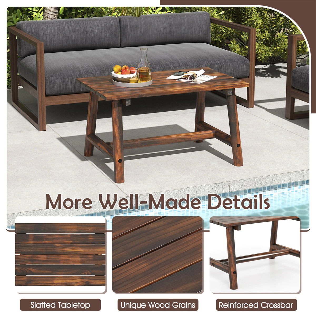 SUGIFT Solid Wood Pine and Fir Coffee Table with Slatted Top 275-lb Capacity 35.5 x 21.5 x 19.5 in Brown 1-Piece