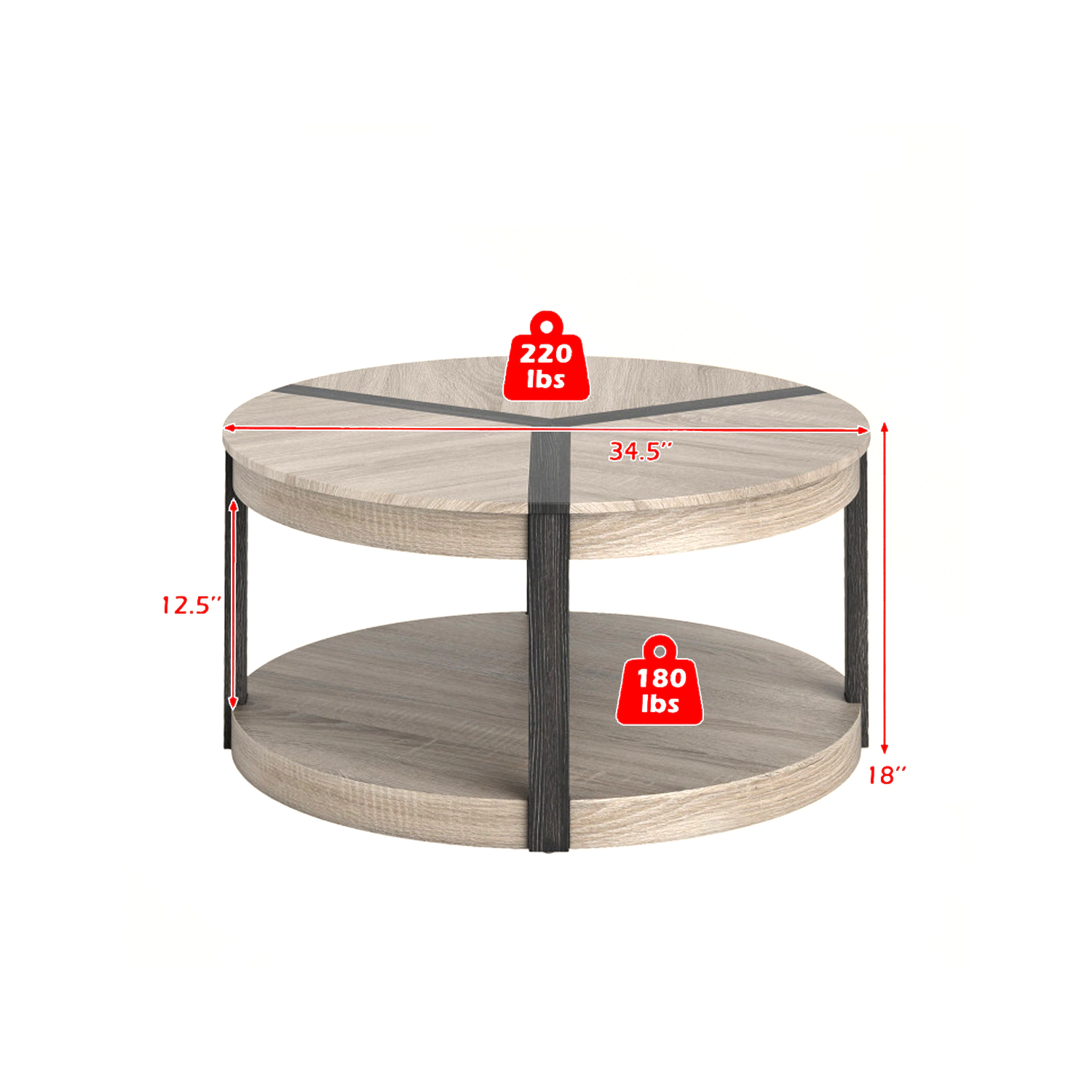 Hivvago Spacious 34.5-Inch Round Rubberwood Table with Dual Levels and Storage