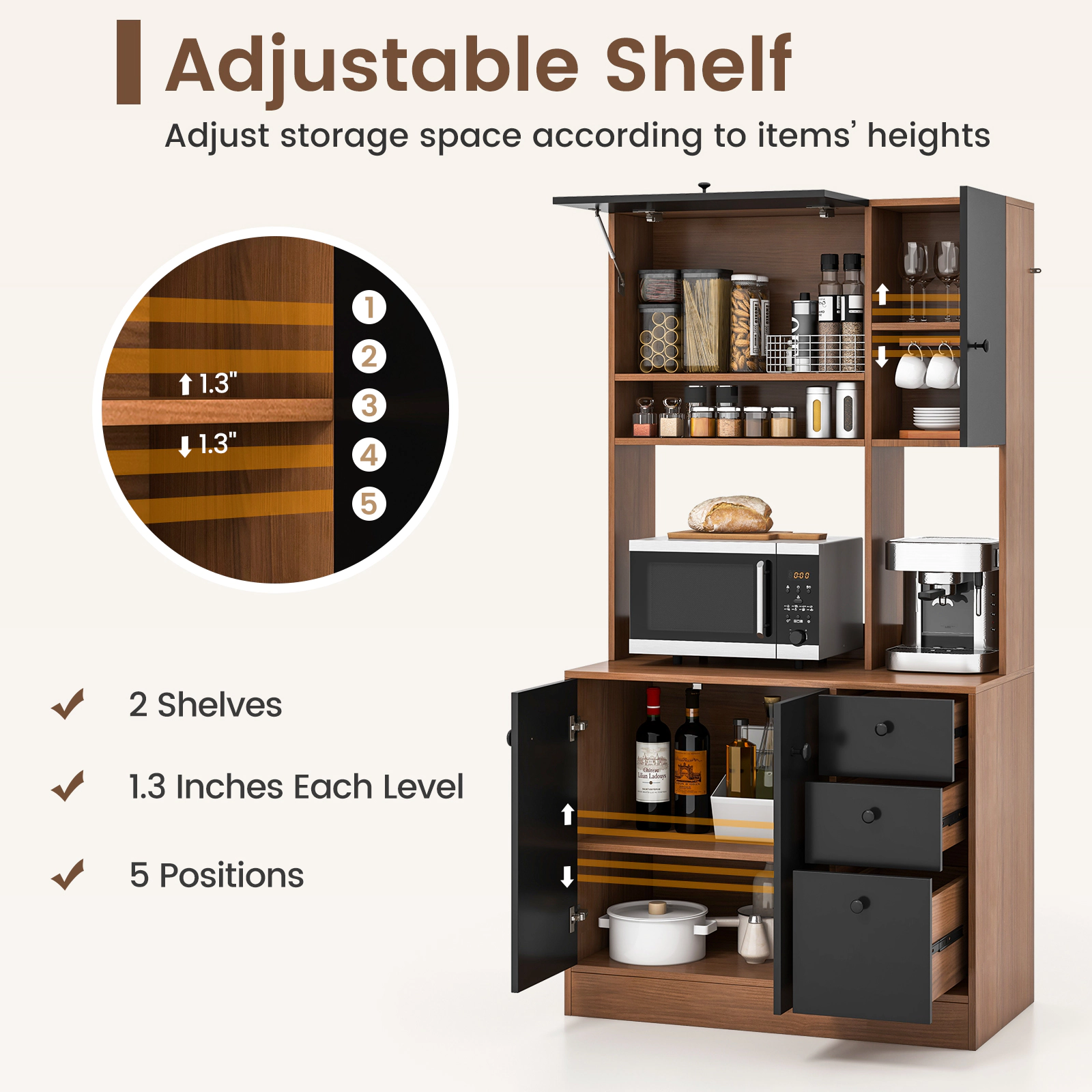 SUGIFT 71-in Tall 110-lb Countertop Walnut Pantry Cabinet with 3 Storage Cabinets and 3 Deep Drawers
