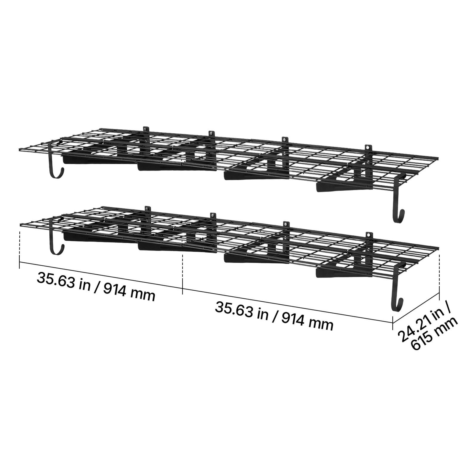 HONGGE 2-Tier Heavy Duty Wall Garage Shelving Steel Wall Mounted Shelving Unit with Hooks Per Shelf Floating Storage