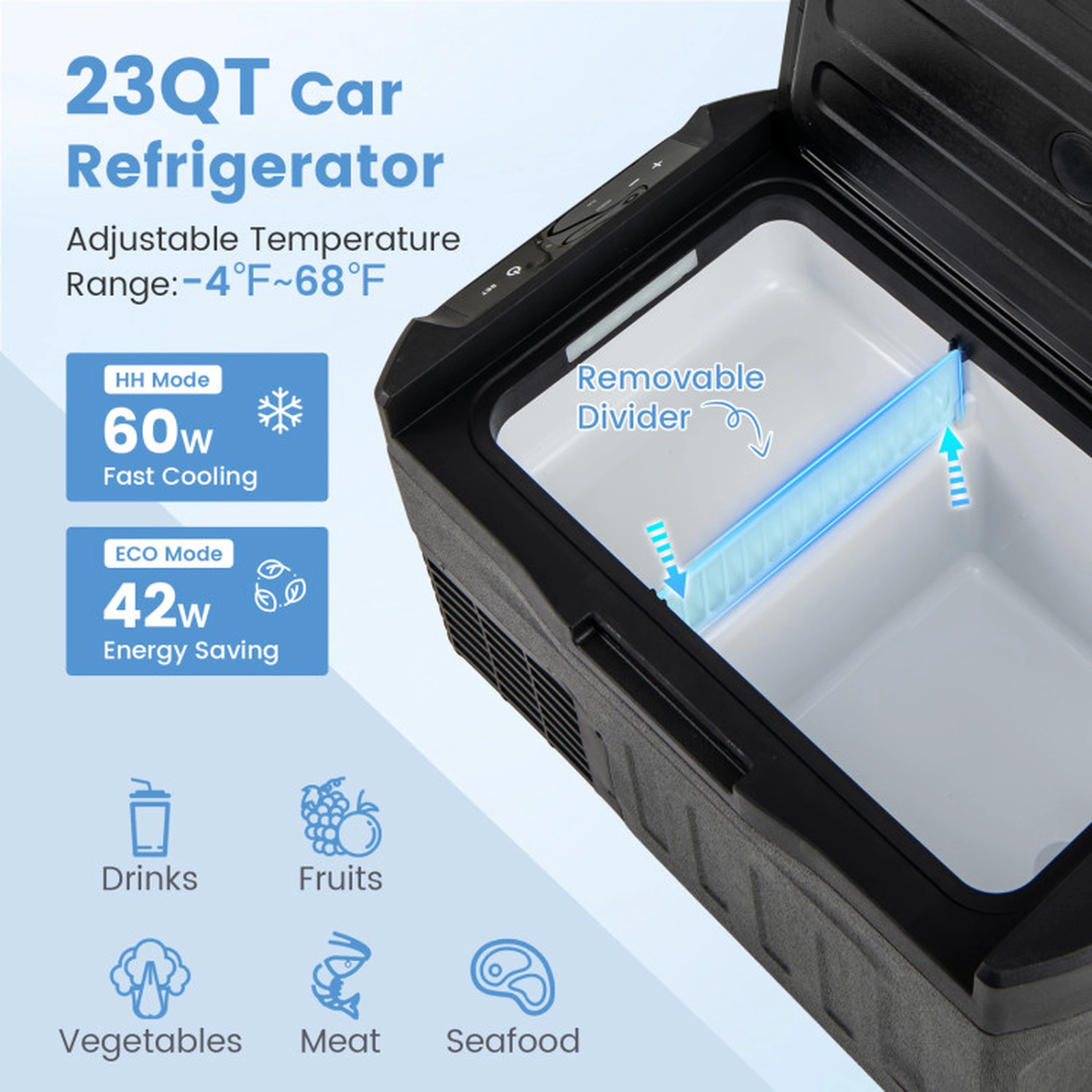 SUGIFT Black 23-Qt 12V Portable Car Refrigerator with Touch Panel and Removable Divider 42W Eco Mode