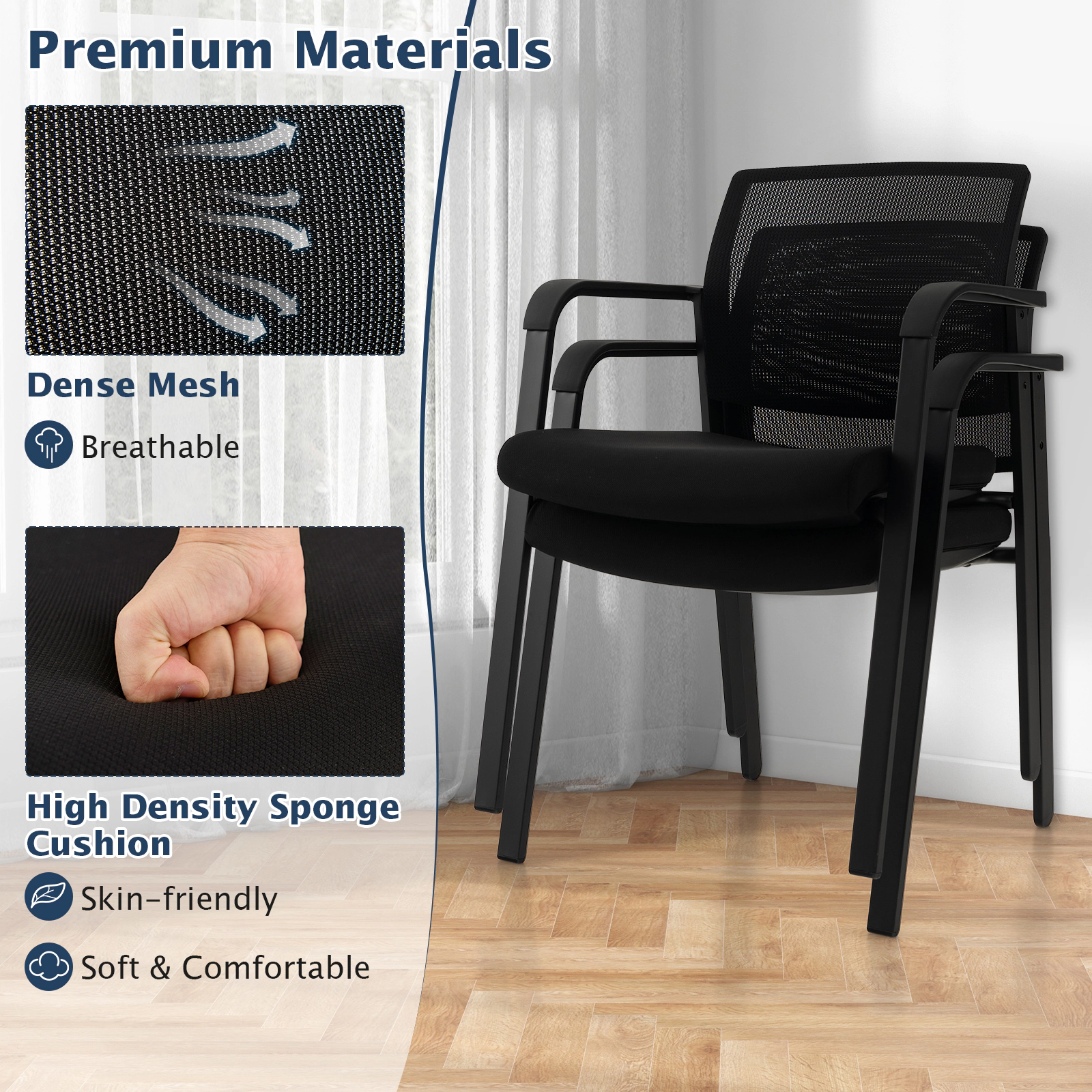 SUGIFT Set of 2 Black 330-lb Capacity Stackable Mesh Back Chairs with Padded Seat and 4 Universal Casters