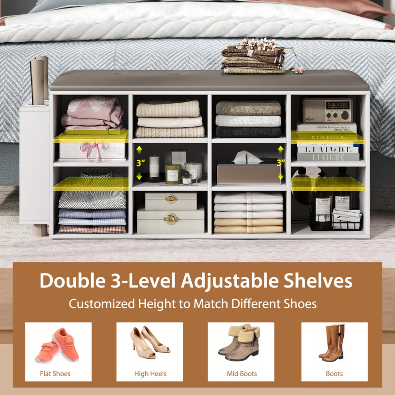 SUGIFT 10-Cube Shoe Storage Bench with Umbrella Stand and Adjustable Shelf 660-lb Bench Capacity Rustic Brown/White