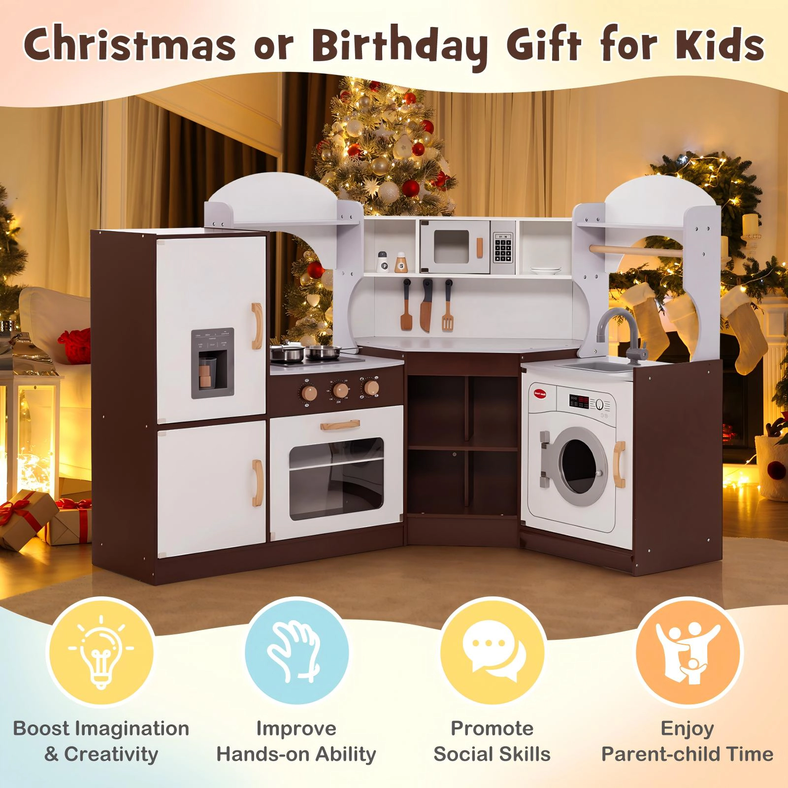 SUGIFT Corner Toddler Kitchen Playset with Ice Maker Microwave Oven Sink and Washing Machine Ages 3-10 White/Pink/Brown