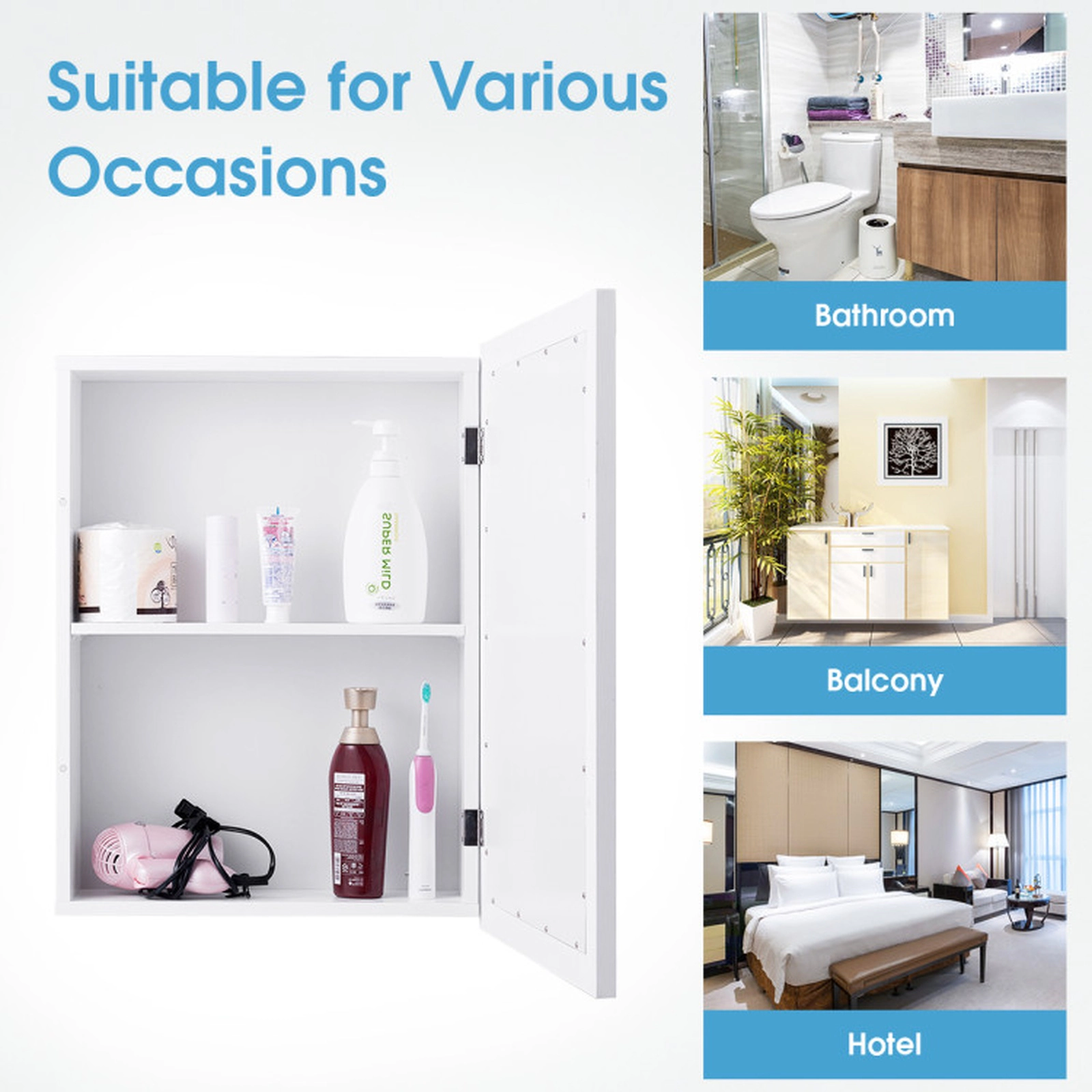SUGIFT Single Mirror Door 3-Position Adjustable Shelf MDF Bathroom Medicine Cabinet 20-in x 6-in x 26-in 19-lb White