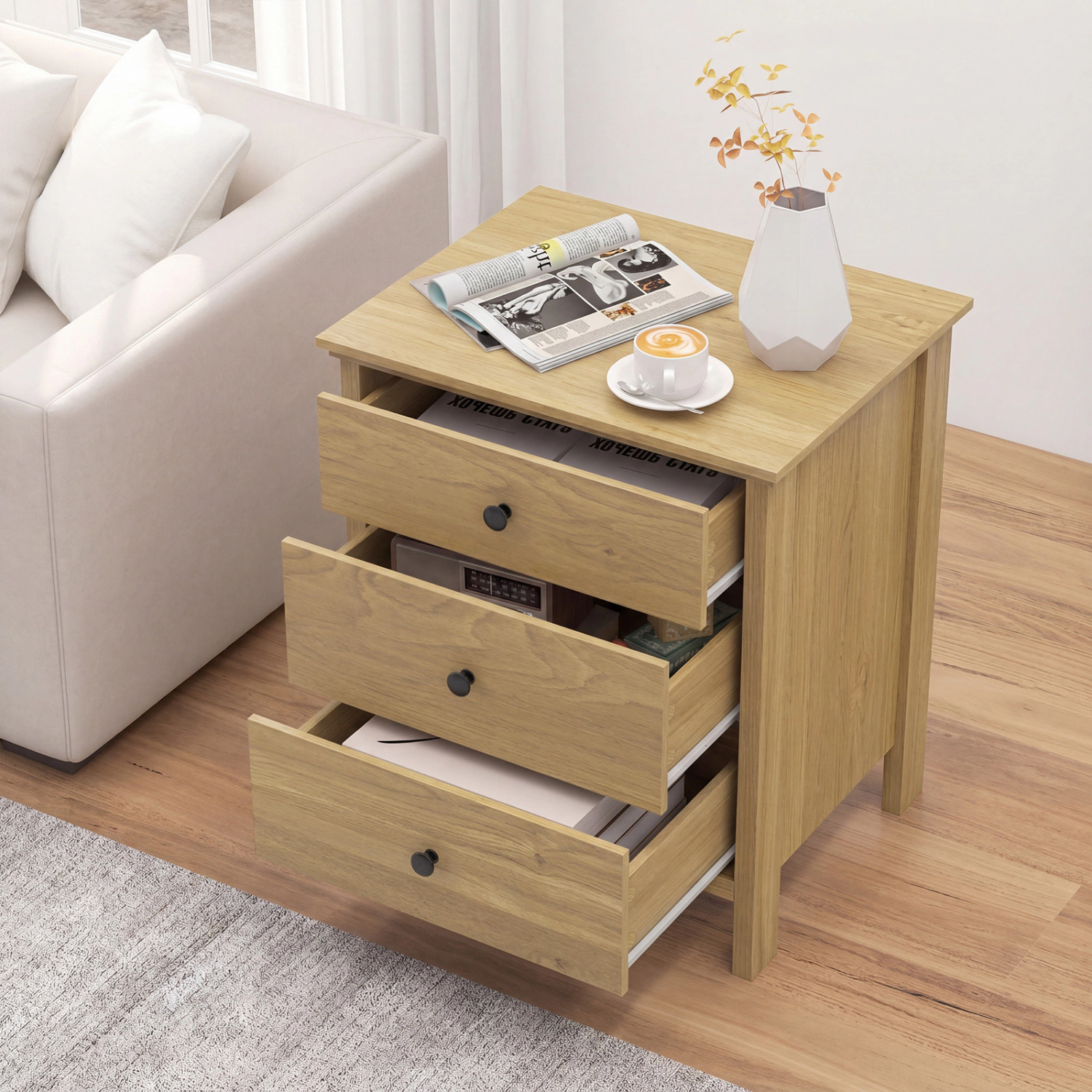 Glintex 3-Drawer Wooden Nightstand with 135-Lb Tabletop and Low-Noise Slides, Natural