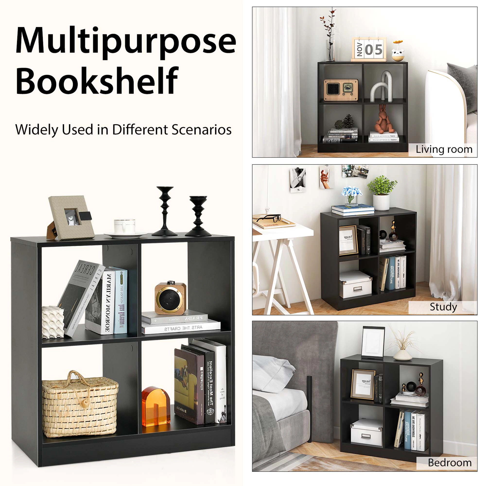 Costway 4-Cube Bookcase Floor Open Wooden Bookshelf Storage Cabinet Toy Organizer Black