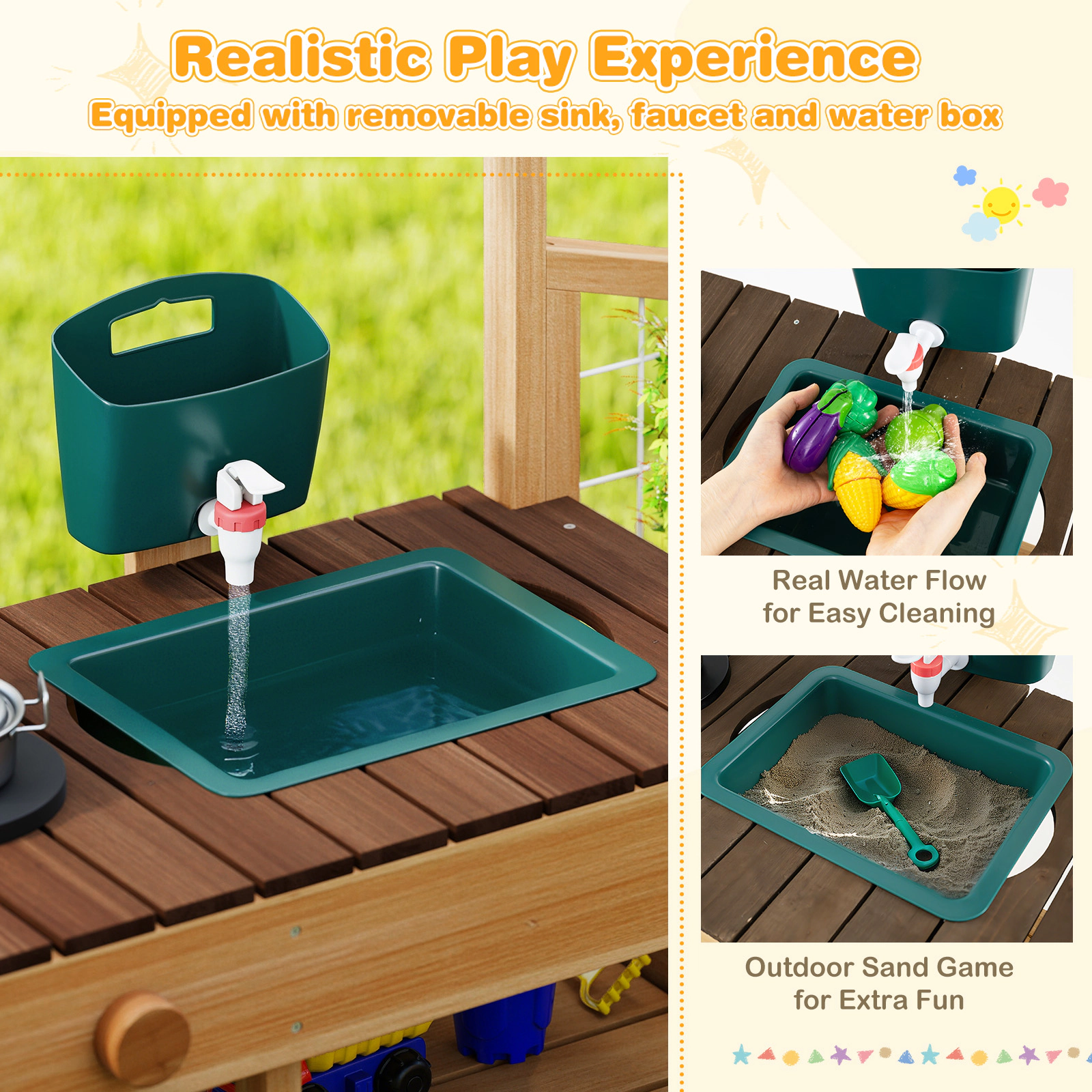 SUGIFT Planter Boxes Faucet and Cookware Kids Outdoor Wooden Mud Kitchen