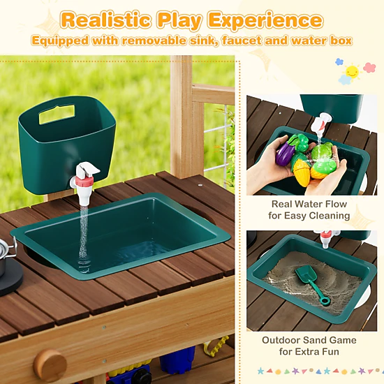 LJG Play Kitchen for Kids Wooden Toy Kitchen Playset Pretend Mud Kitchen