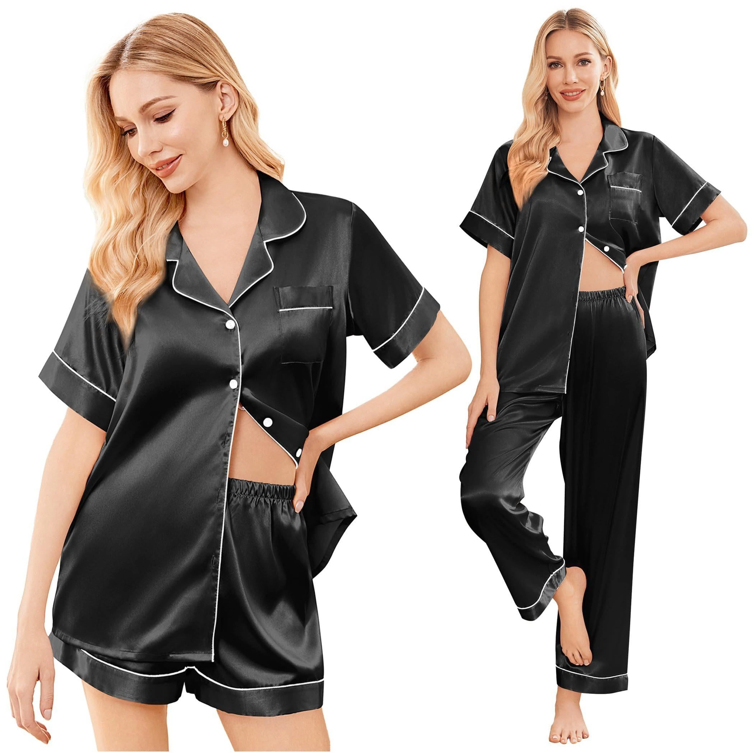 Ekouaer Silk 3 Piece Pajamas for Women Set Pjs Soft Short Sleeve Button Down Sleepwear