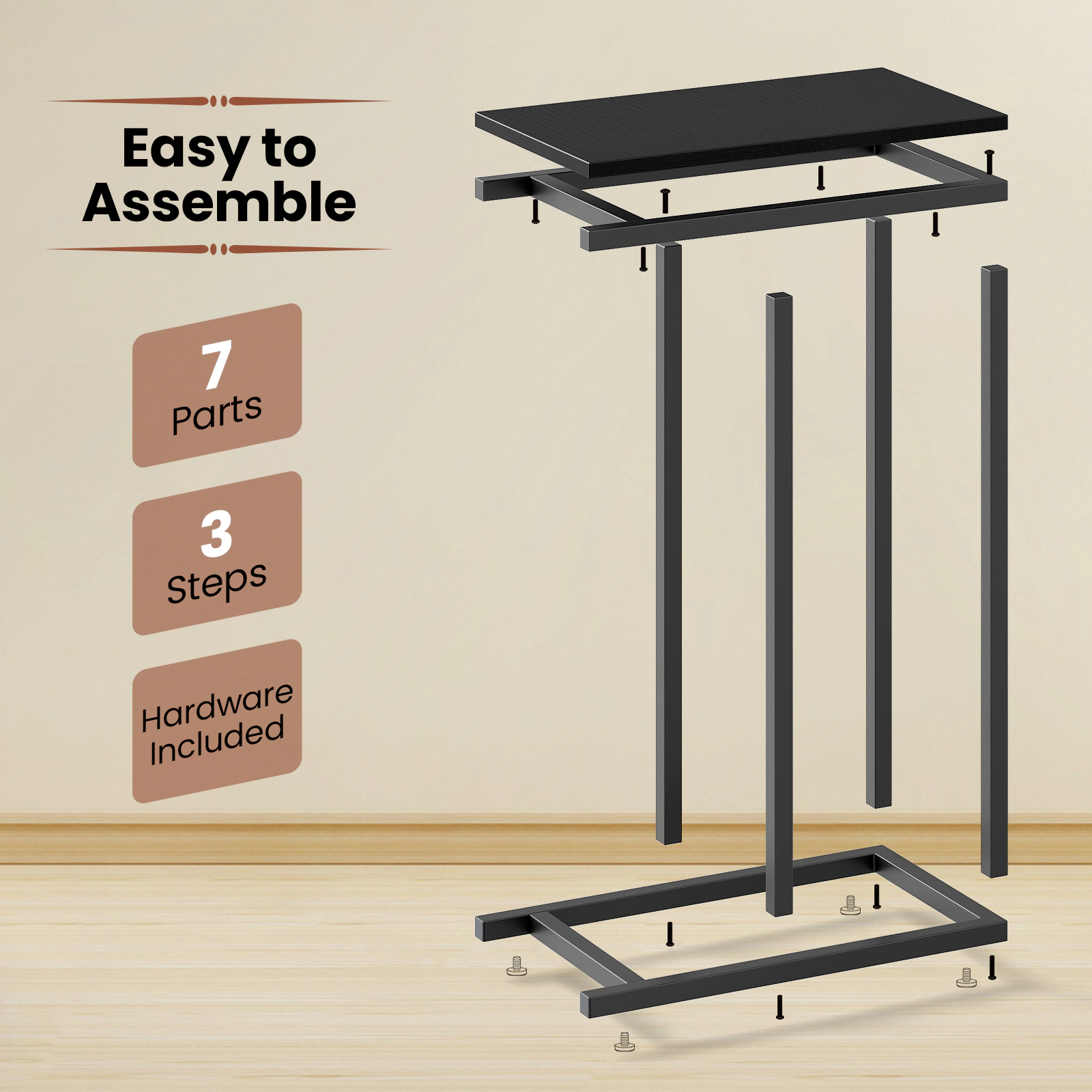 Glintex C-Shaped Side Table with Heavy-Duty Metal Frame and Wood Grain Top