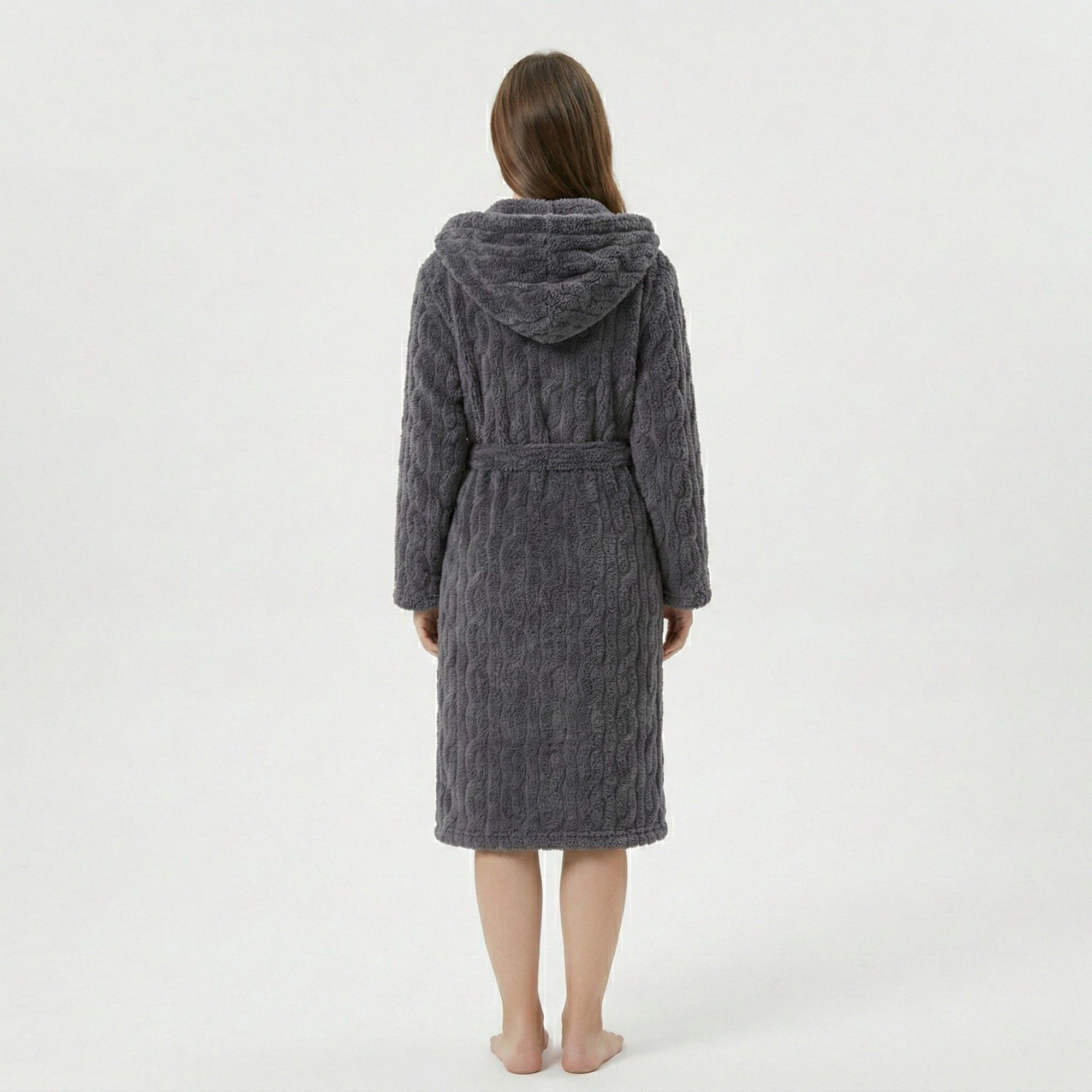 Anna-Kaci Women's Plush Hooded Bathrobe Textured Cable Pattern Long Wrap Design Adjustable Waist Tie and Front Pockets