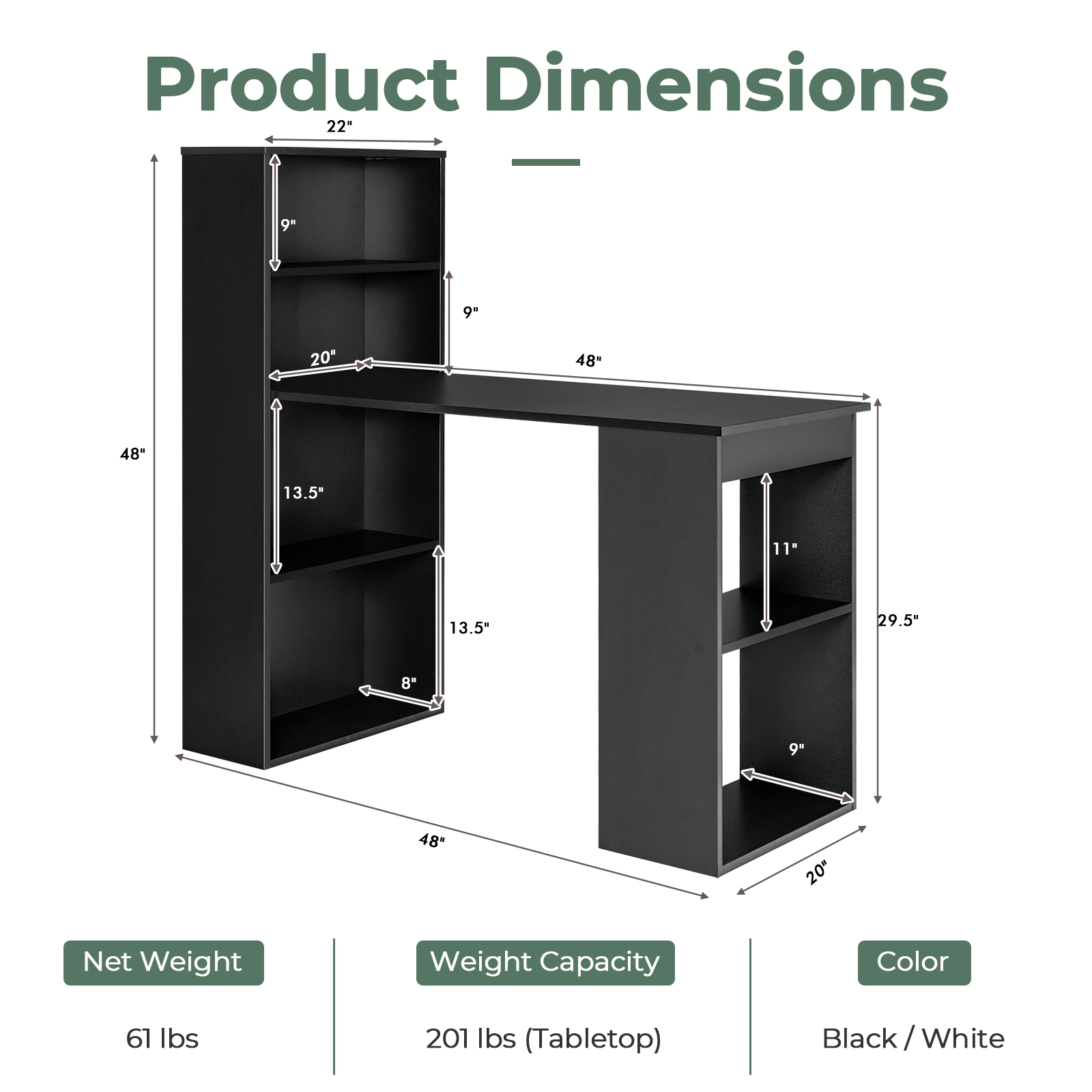 SUGIFT Computer Desk Writing Workstation with 6-Tier Storage Shelves 201-lb Tabletop Capacity Black
