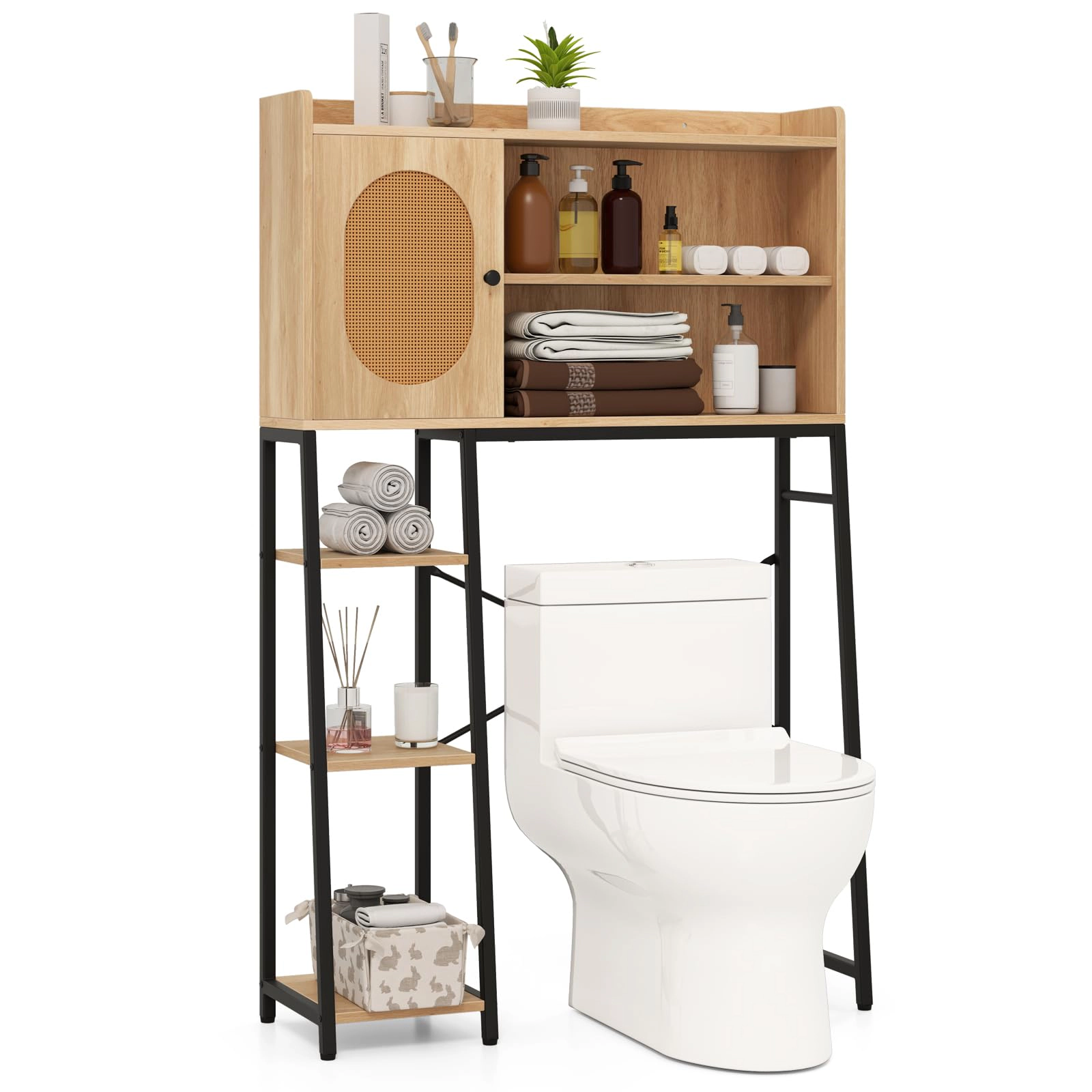 Glintex Over-the-Toilet Cabinet with PE Rattan Door and Anti-Falling Baffles, Natural