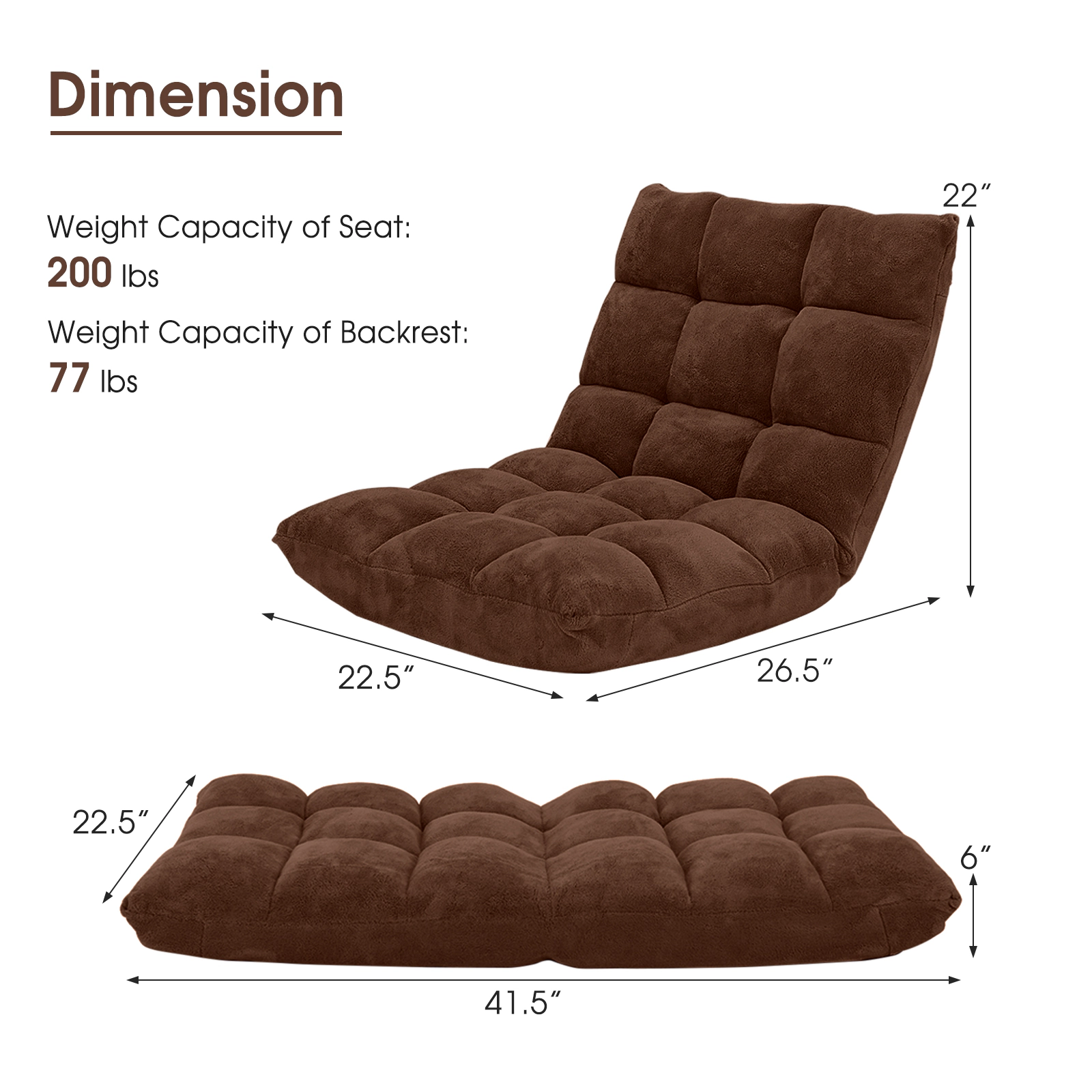 SUGIFT Adjustable 14-Position Cushioned Floor Chair 200-Lb Seat 77-Lb Backrest Capacity Coffee