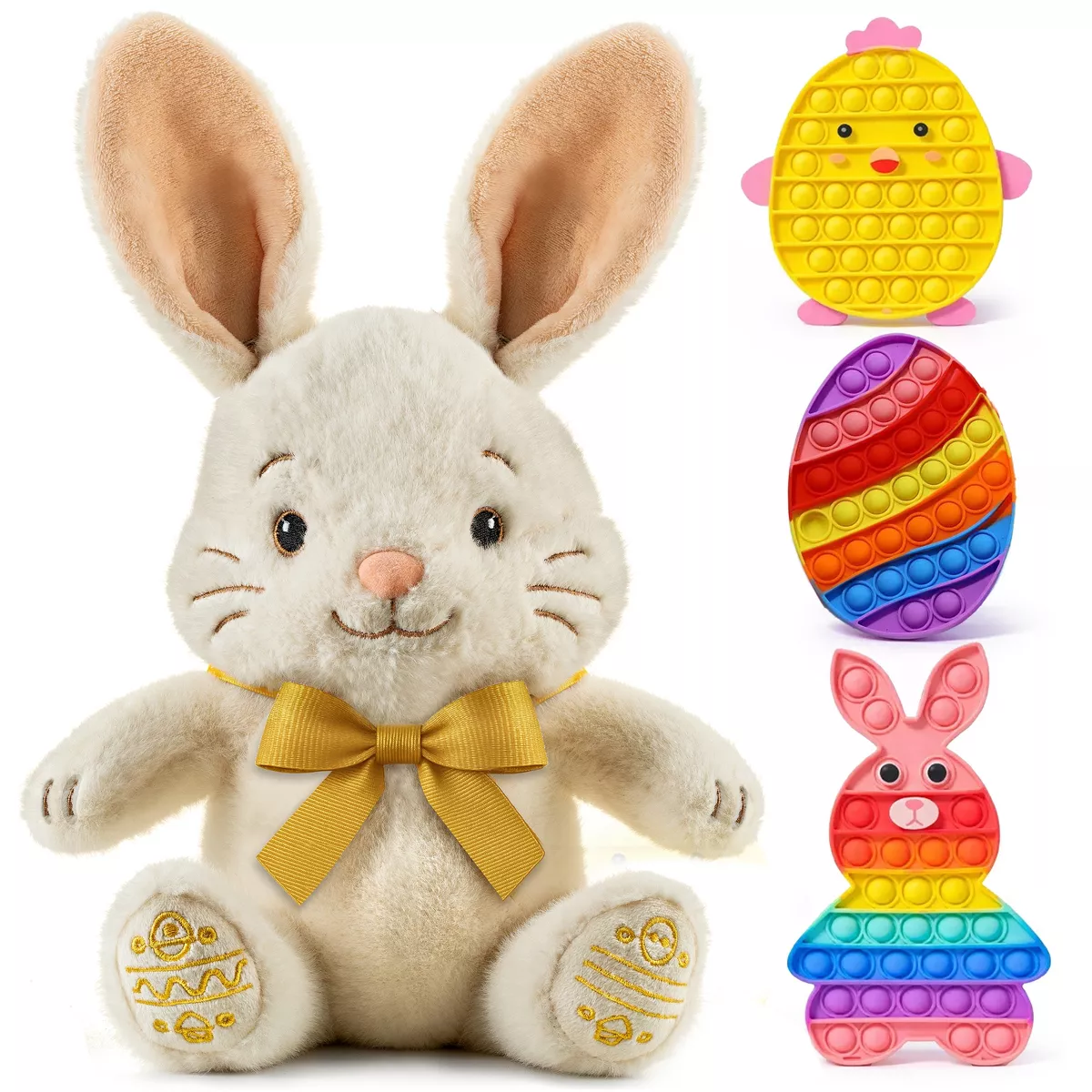 Sperric Easter Pop It & Plush Bunny Toy Set - Bunny, Chicken & Egg Bubble Pop Fidget Toys w/ 13" Baby Plush Bunny w/ Bow
