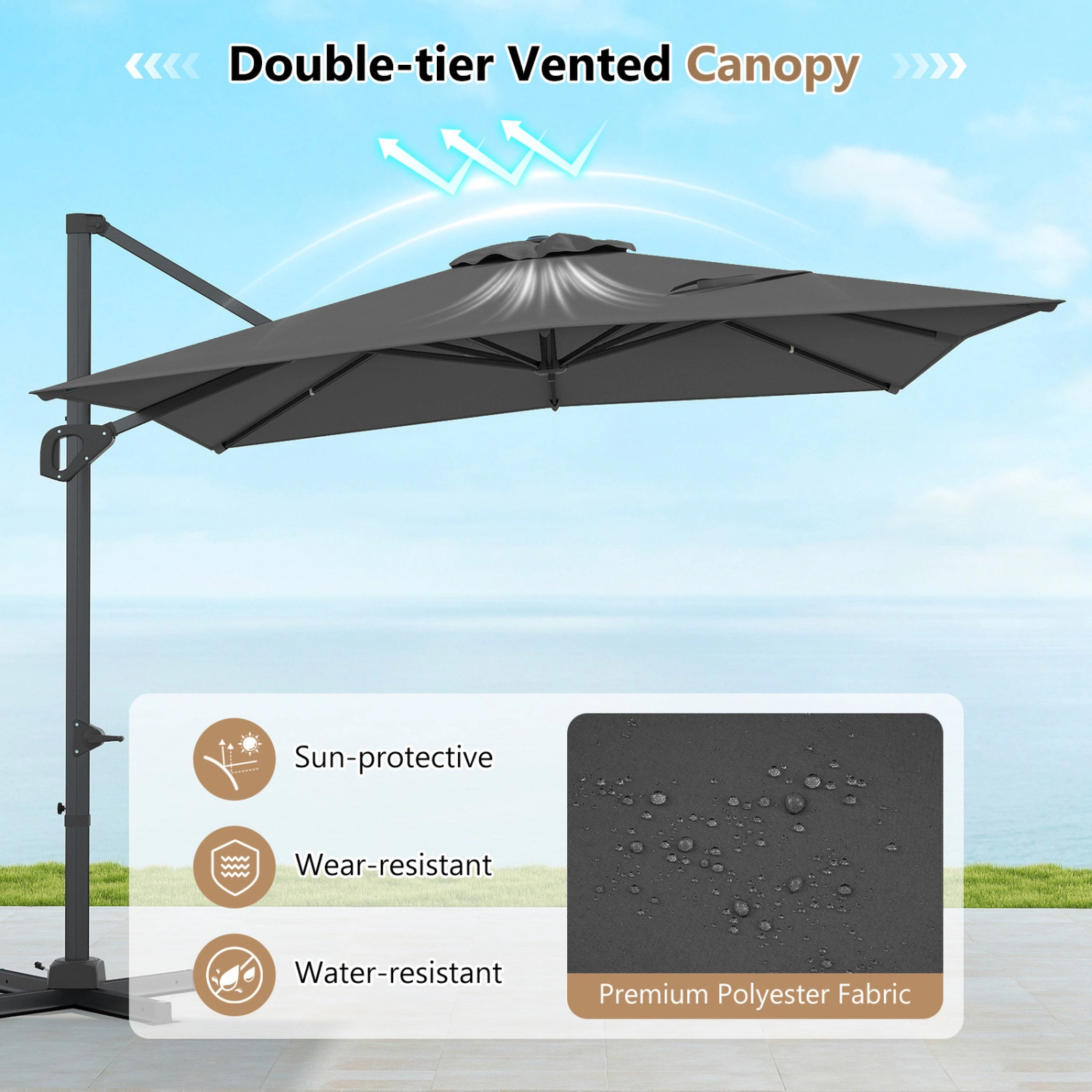 SUGIFT 11 x 9-ft Gray Rectangular Cantilever Patio Umbrella, 360° Rotation