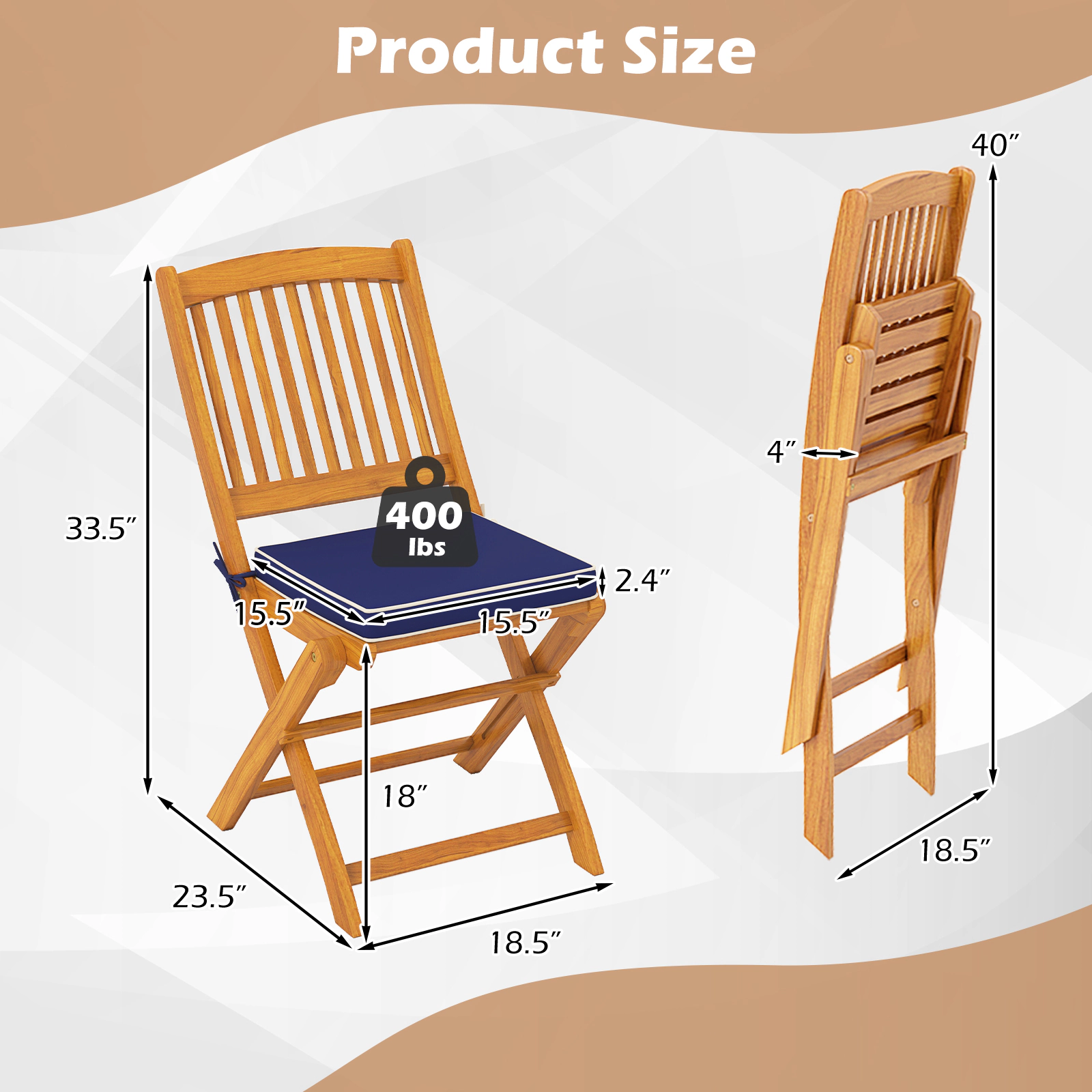 SUGIFT Set of 2 Navy Acacia Wood Folding Patio Dining Chairs with Seat Cushions and Slat Back 18.5-in W 33.5-in H