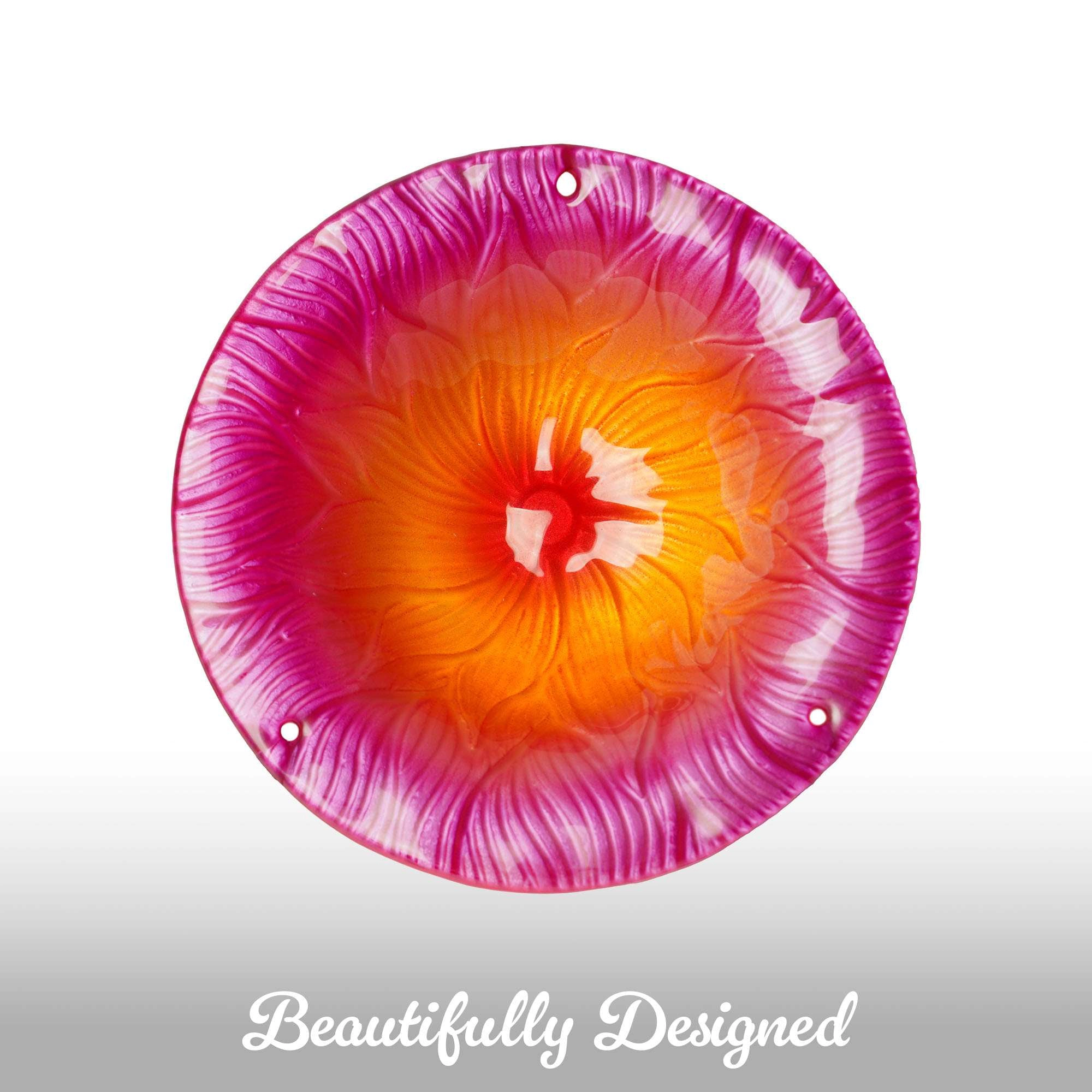 G128 8-inch Hanging Glass Bird Bath and Feeder, Pink Flower Design