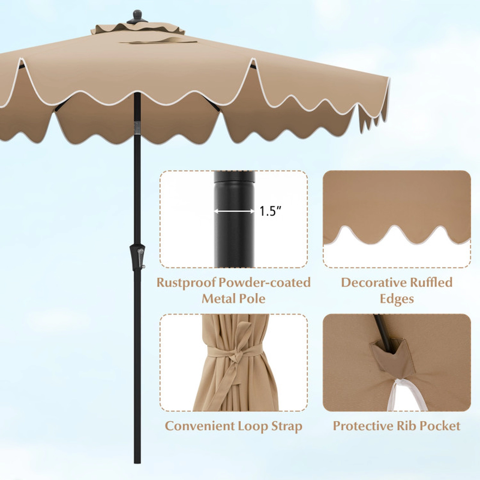 SUGIFT 9-ft Brown Scalloped Ruffled Patio Umbrella with 8 Ribs Vented Top Safety Latch and Fastener Tabs