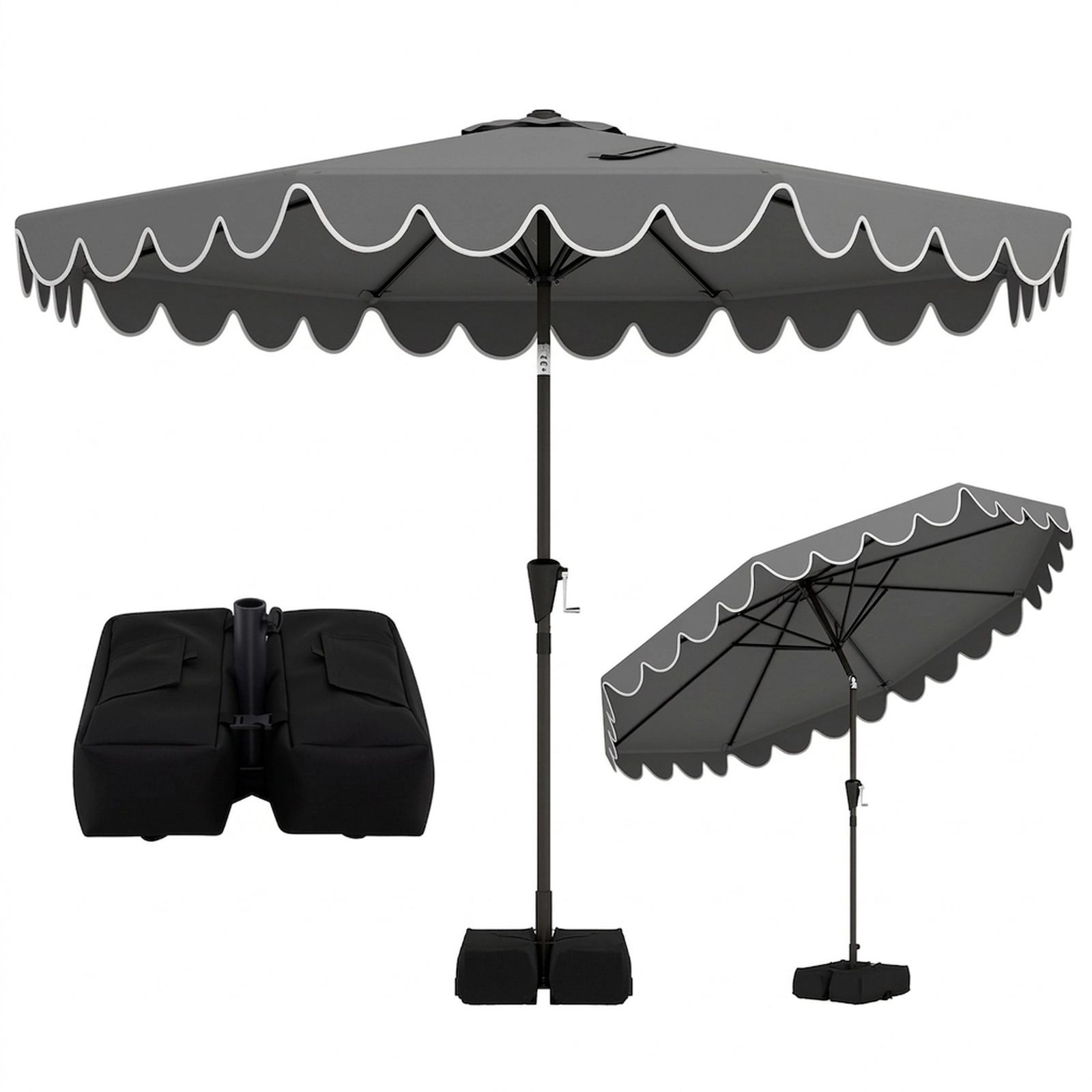SUGIFT 10-ft Gray Market Patio Umbrella, Double-Tier Ruffled Canopy, Tilt, Crank Lift, 2 Sandbags