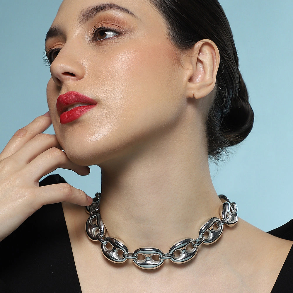 SOHI Women's The Chunky Coffee-Bean Chain Necklace - Chrome Silver