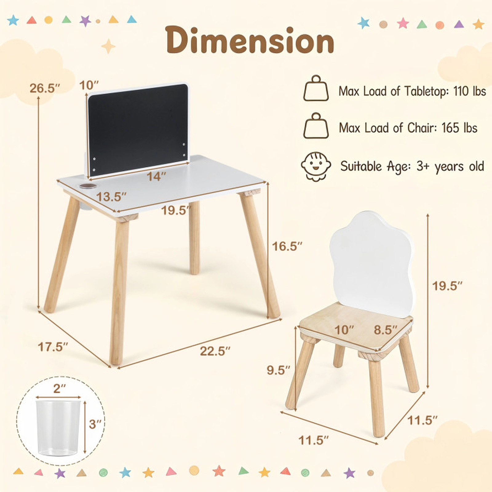 SUGIFT Natural Chalkboard Top and Brush Pot Kids Weaning Table and Chair Set