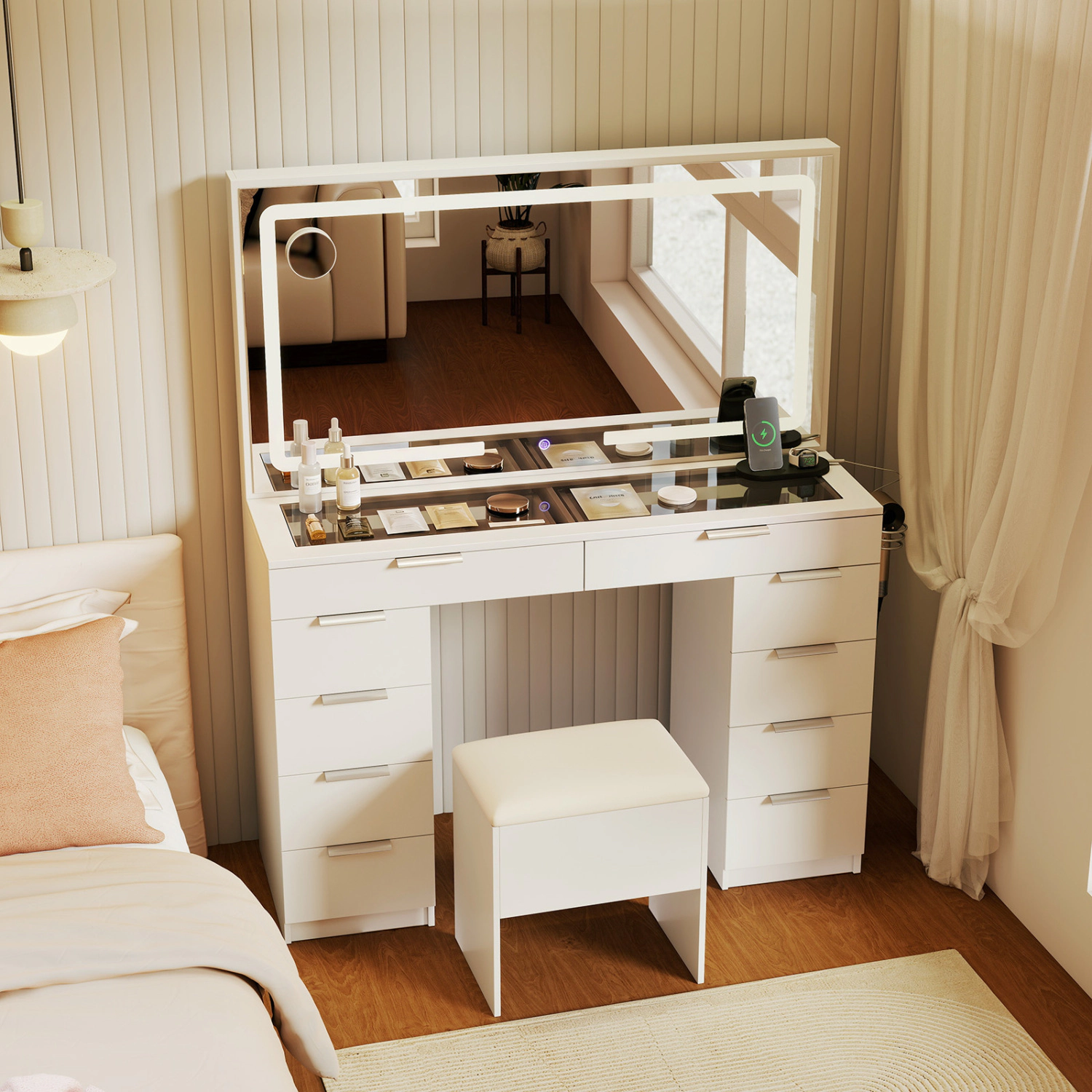LJG Vanity Desk with Mirror & Lights and Stool with Charging Station for Makeup