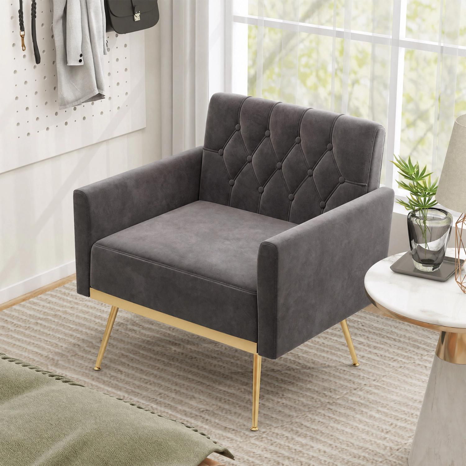 LJG Modern Velvet Upholstered Accent Chair with Button-Tufted Back and Adjustable Feet