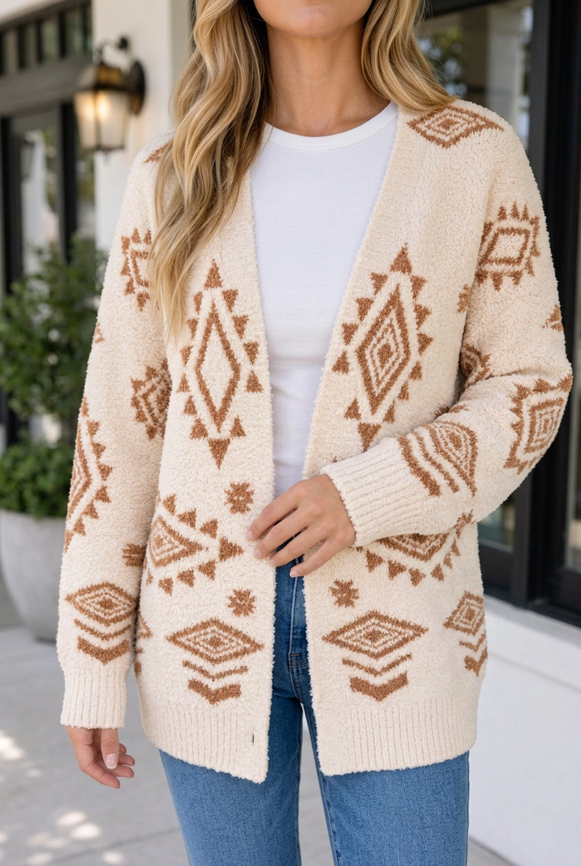 Threaded Pear Women's Frankie Print Open Knit Sweater