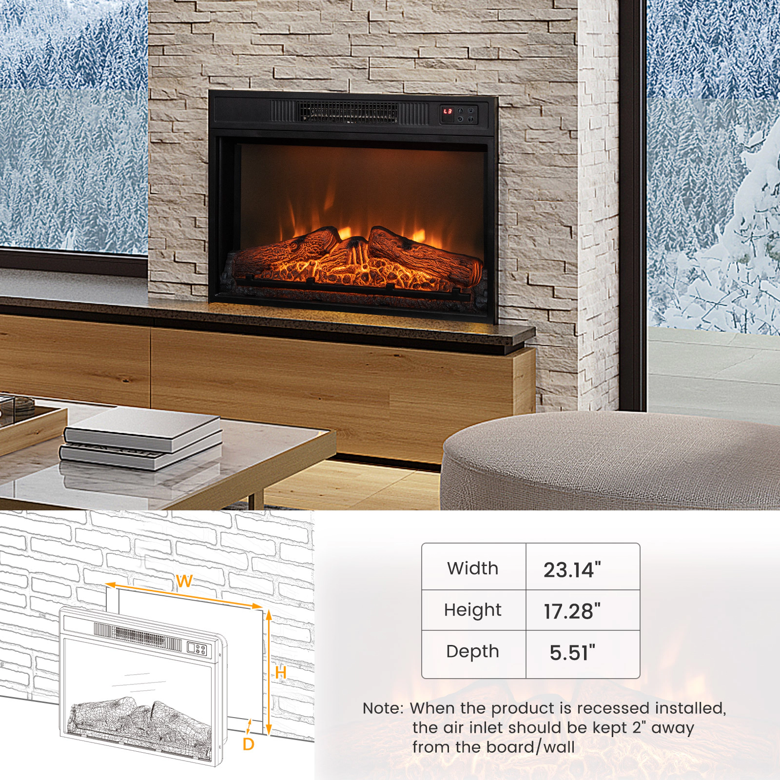 SUGIFT 3-Level LED Flame Electric Fireplace Insert 23-Inch Black Iron Glass with Remote Control and 5,000 BTUs