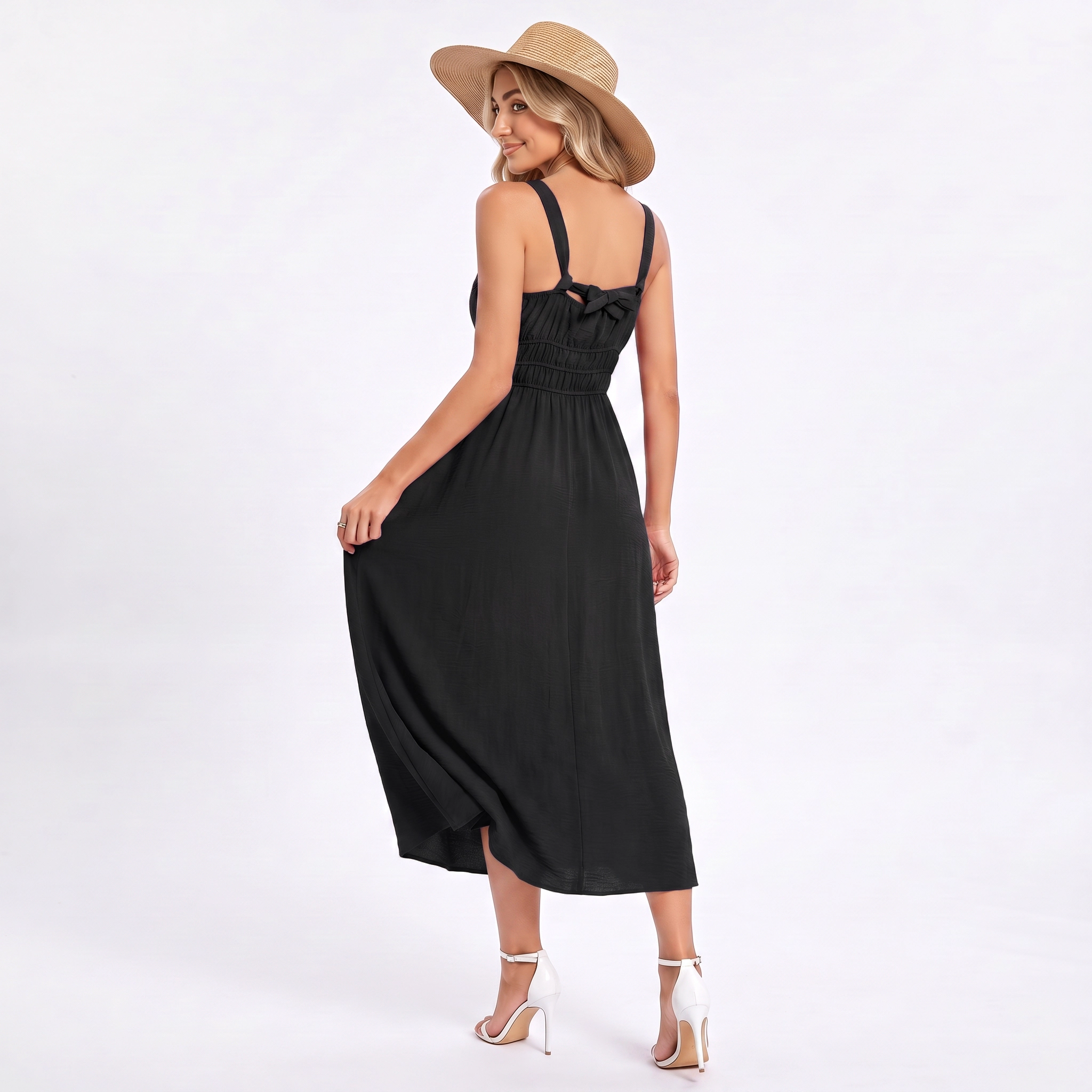 Anna-Kaci Women's Sparkle Spaghetti Strap Smocked Waist Ruffle Hem Midi Slip Dress