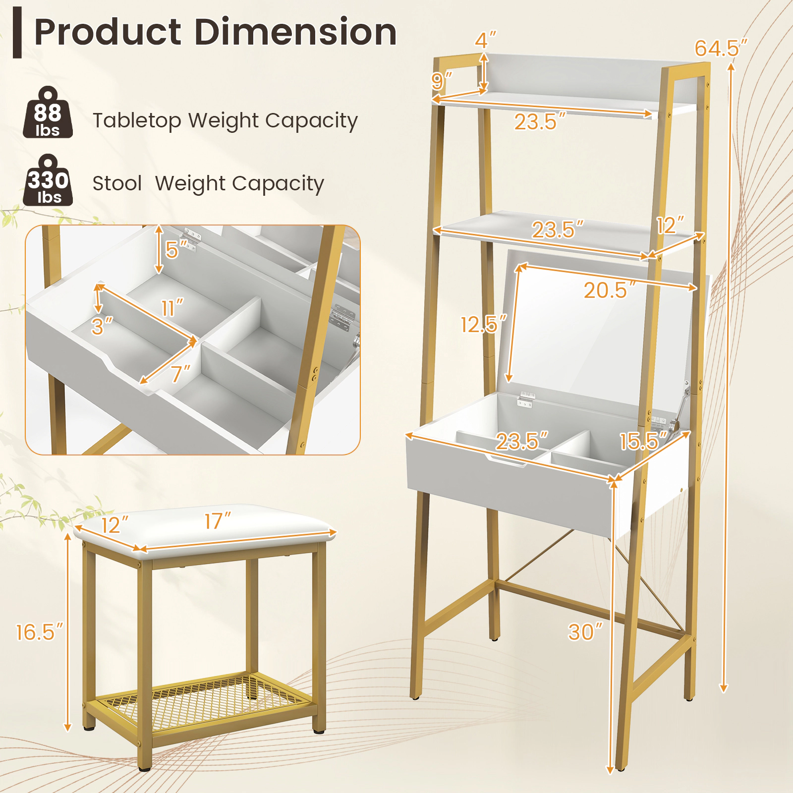 SUGIFT 2-Piece Ladder Vanity Desk Set with Flip-Top Mirror, Shelves and Stool
