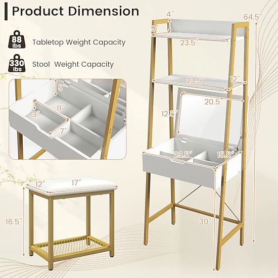 SUGIFT 2-Piece Ladder Vanity Desk Set with Flip-Top Mirror, Shelves and Stool