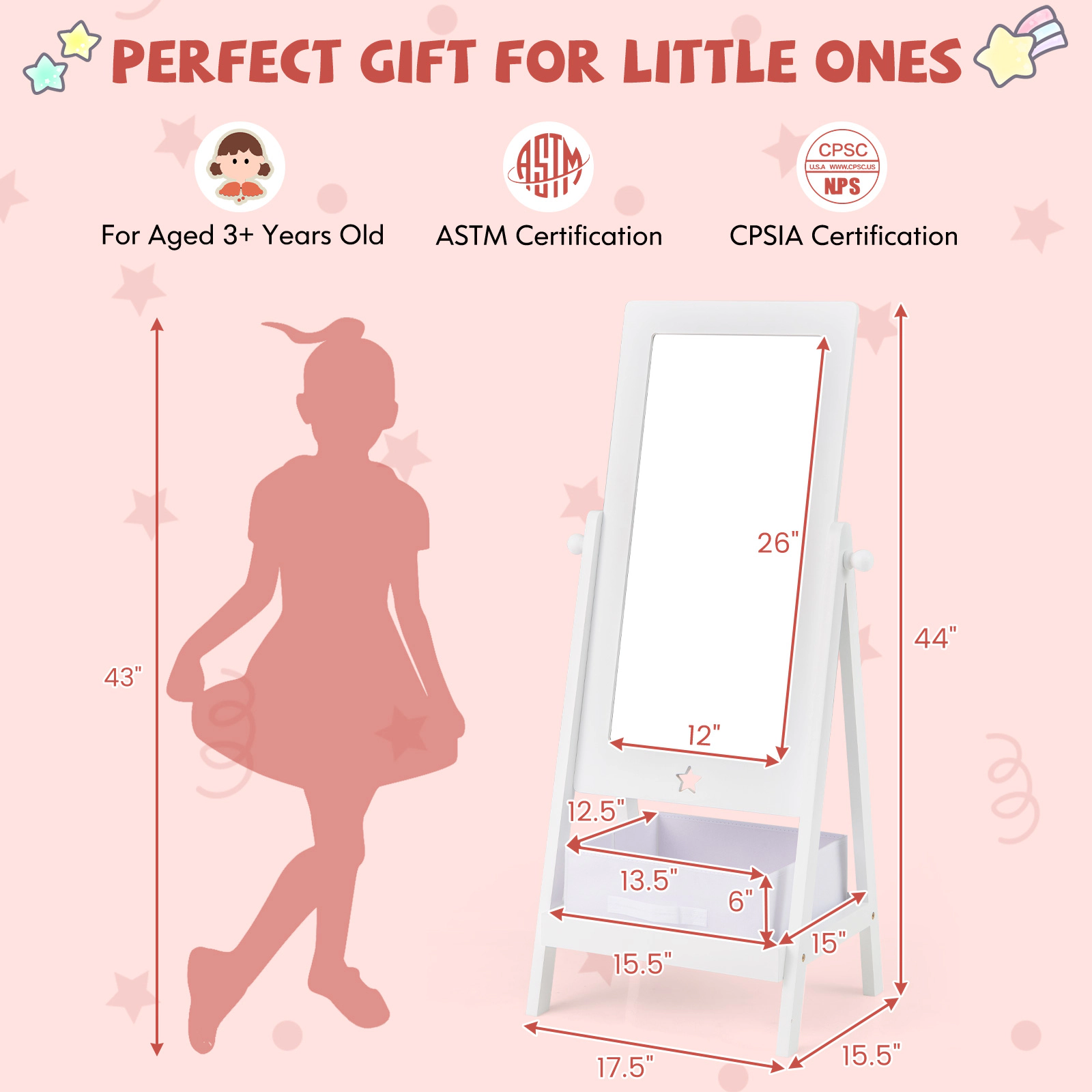 SUGIFT 360 Degree Rotatable Kids Full Length Dressing Mirror with MDF Frame 44-lb Shelf Capacity 44-in Tall White