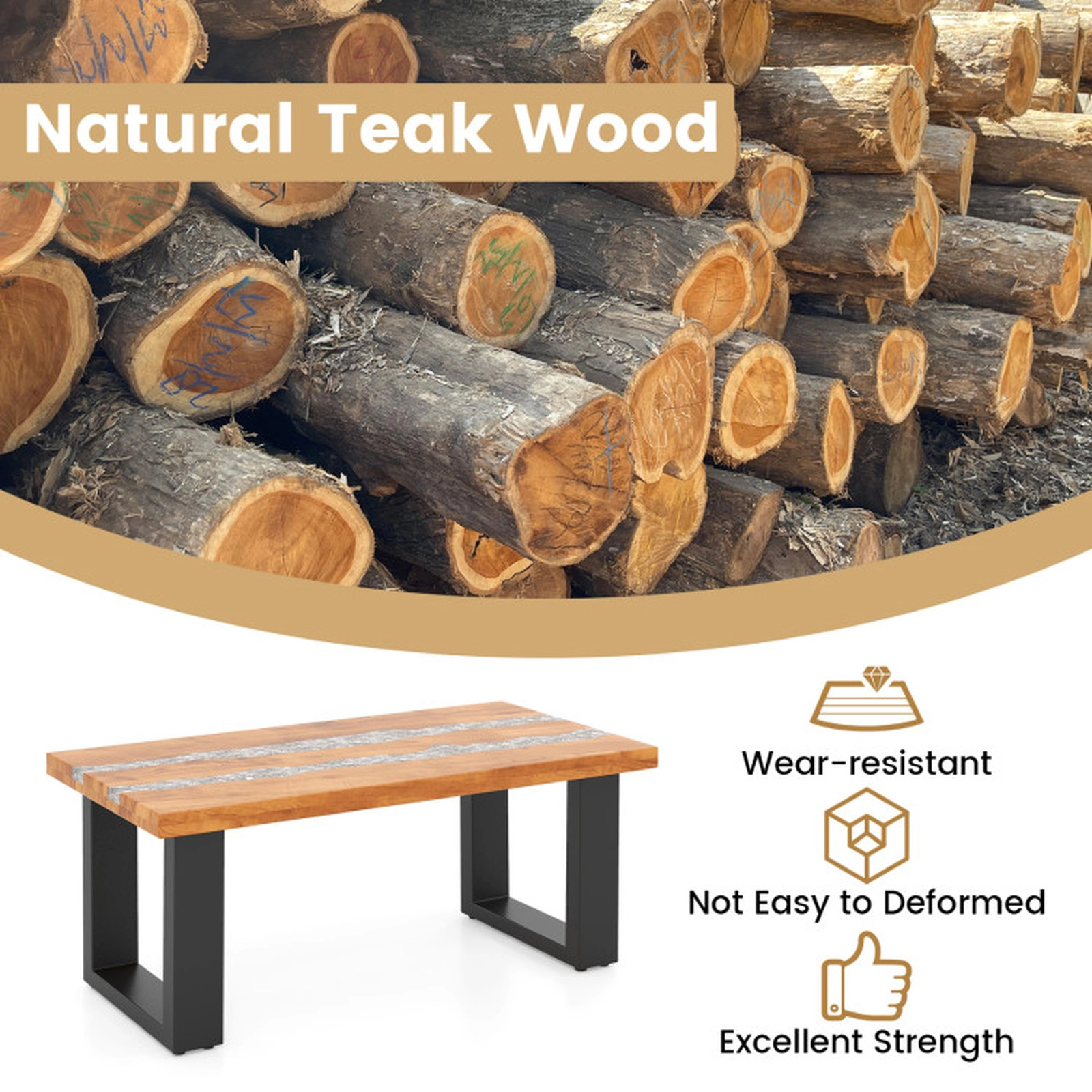 SUGIFT Teak Wood Patio Coffee Table with River Feel HDPE Tabletop 46-lb Tabletop Capacity Natural