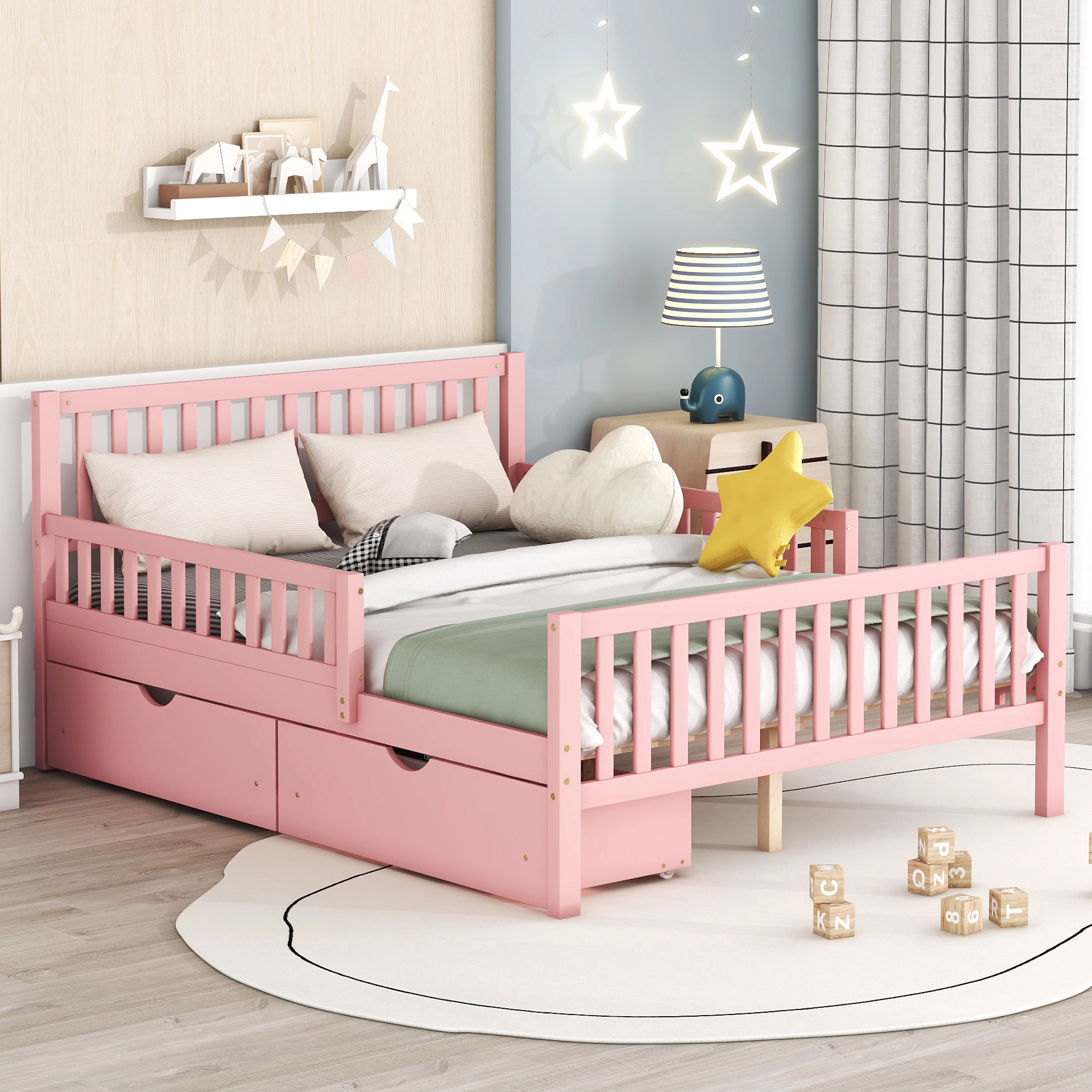 Flynama Full Wood Platform Bed with Guardrails & 2 Storage Drawers, Pink