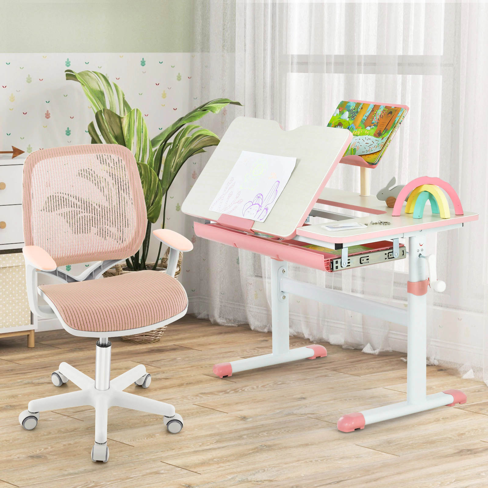 SUGIFT Pink Kids Desk Chair, Adjustable Mesh Study Chair with Swivel and Sit-Brake Casters