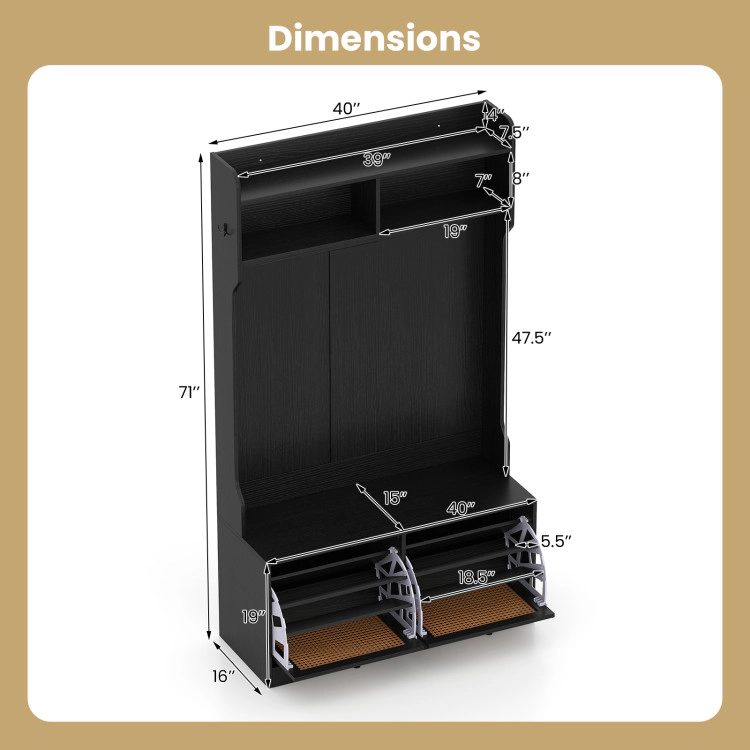 Hivvago 4-In-1 Hall Tree with Coat Rack and Flip Drawers for Entryway Mudroom
