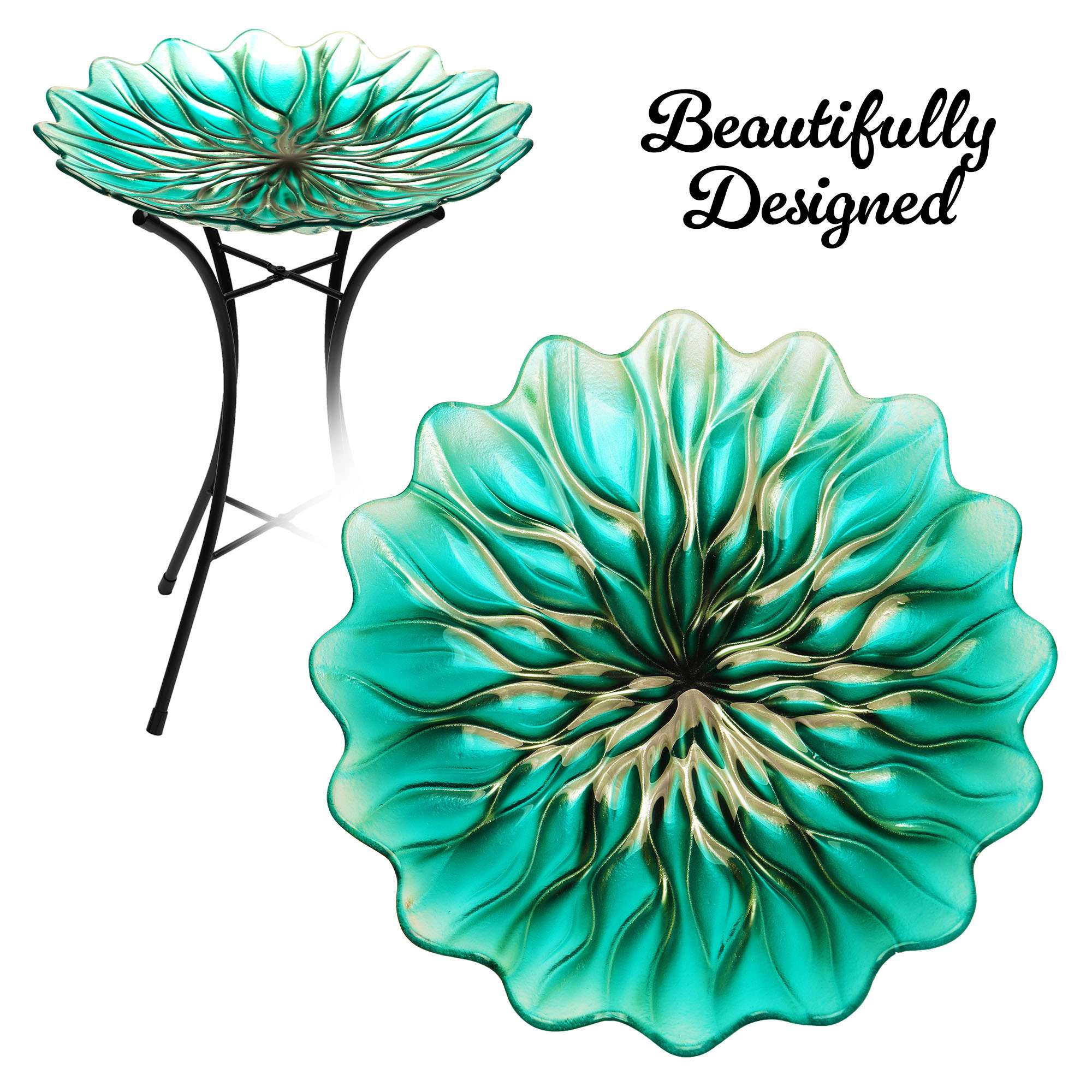 G128 19in Painted Glass Bird Bath with Metal Stand - Green Decorative Outdoor Feeder Bowl