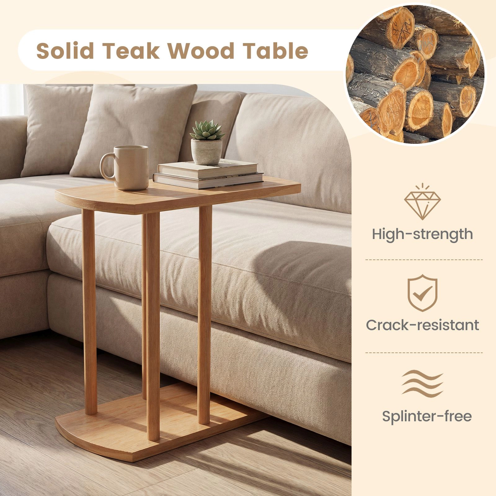 SlickBlue Narrow C Shaped Teak Wood Side Table with 2 Tiers
